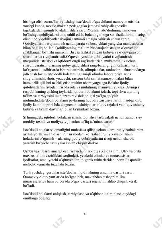 hlashning istiqbollari va bosqichlari, o’z xududida bunday faoliyat va ko’pgina boshqa tadbirlar uchun mablag’ ajratish ularni ta’minlashga); - qo’yilgan vazifalarni hal qilishga keng jamoatchilik diqqatini jalb qilishga, respublika metodik kengashining tuzilishiga (bu kengash tarkibiga xalq ta’limi, oliy va o’rta maxsus ta’lim vazirliklari, xalq ta’lim boshqaruv organlari xodimlari, yetakchi olimlari va mutaxassislari, ijodiy uyushmalar, amaliyotchi o’kituvchi, maktabdan tashqari ta’lim muassasalari to’garak raxbarlari kiradilar); - ilmiy tadqiqotlar maktablar uchun me’yoriy xujjatlar, sinf ishlanmalari majmuiga, iste’dodli o’kuvchilar haqida ma’lumotlar manbaini yaratishga, ularni o’qitish va tarbiyalashning (tabaqalashtirish, individuallashtrish, insonparvarlashtirish) yagona uslubiy asosini yaratishga bog’liq. iqtidorli bolalar va istedodli yoshlarni aniqlash va o’qitish uslubiyati, psixologik-pedagogik va tashkiliy sharoitlarini yaratish. maxsus o’kuv dasturlari va progressiv pedagogik texnologiyalar ishlab chiqish uchun eng yaxshi pedagog va olimlarni faol ishtirokini ta’minlash. iqtidorli bolalar va iste’dodli yoshlarni chet ellarda umumiy va kasbiy jihatdan tayyorgarlikdan o’tkazishga qaratilgan sobit qadam faoliyatni amalga oshirish. akademik litseylarning o’quvchilariga, birinchi navbatda iqtidorli, yuksak iste’dod sohiblariga, …
