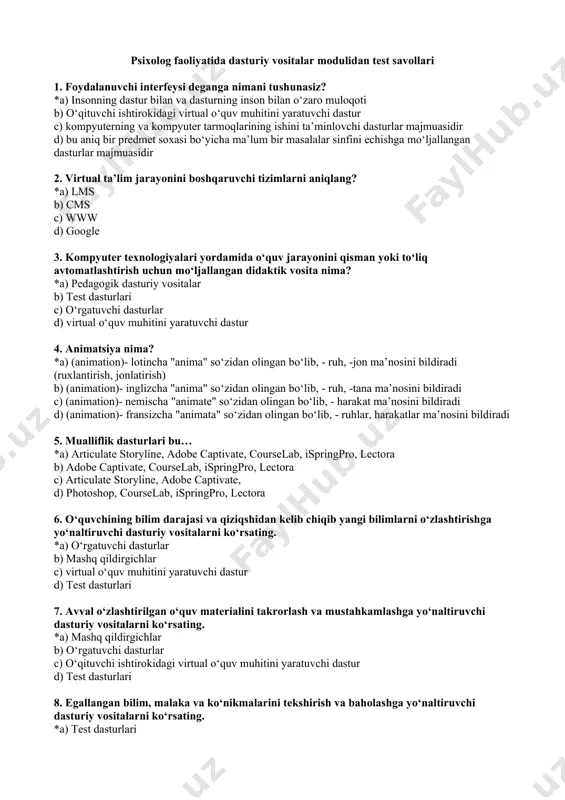 rriri? *a) sound forge b) delphi c) photo shop d) power point 14. scorm standartiga javob beradigan ilovalarni yaratuvchi qobiq dasturlarning eng soddasini ko‘rsating? *a) ispring b) courselab3 c) javascript d) flash mx 15. ispring paketi qaysi dasturi elektron test va anketa yaratish imkoniga ega? *a) ispring quiz maker b) isprinf free c) ispring converter d) ispring pro 16. ispring quiz makerda qaysi test turi matn tarkibida bo‘sh qolgan o‘rinlarni mos javob bilan to‘ldirish imkoniga ega? *a) propuski b) vvod chisla c) sootvetstvie d) poryadok 17. quyidagilardan qaysi biri tovush muharriri? *a) sound forge b) power point c) delphi d) photo shop 18. ispring dasturining qaysi menyu bandidan 3d kitobga personaj joylashtirish mumkin? *a) kniga b) dizayn c) spravka d) vid 19. quyidagilardan qaysi biri rasm muharriri? *a) photo shop b) delphi c) sound forge d) power point 20. quyidagilardan qaysi biri ispring dasturining imkoniyatiga kirmaydi? *a) tarmoq xavfsizligini ta’minlash …