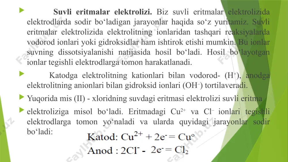 dlarni tushiramiz. birinchi elektrodga elektr tokening manfiy qutbi, ikkinchisiga musbat qutbi ulanadi. manfiy qutb ulangan elektrod katod va musbat qutb ulangan elektrod esa anod deb ataladi. katod va anodni o‘zgarmas tok manbayiga ulasak, reaksiya sodir bo‘ladi. ya’ni mis (ii) xlorid tarkibidagi musbat zaryadlangan cu2+ kationlari manfiy zaryadlangan katod tomon harakatlanadi. manfiy zaryadlangan cl- anion- lari esa musbat zaryadlangan anod tomon harakatlanadi. eritmadagi musbat ionlar (cu2+) katodga borib elektronlar qabul qiladi va neytral atomlarga (cu) aylanadi, manfiy ionlar (cl-) anodga borib zaryadsizlanib (cl2) elektronlarini beradi. natijada katodda qaytarilish, anodda oksidlanish jarayoni yuz berdi. ya’ni elektroliz jarayoni sodir bo‘ldi. savol va topshiriqlar: 1. kcl eritmasi va suyuqlanmasini elektrolizi reaksiya tenglamasini yozing va tenglashtiring. 2. quyidagi moddalarni eritmalarini elektroliz reaksiya tenglamalarini yozing va tenglashtiring. al2(so4)3, na3po4, nif2, koh, hcl, hclo3, hg(no3)2. 3. quyidagi moddalarni suyuqlanmalarini elektroliz reaksiya tenglama-larini yozing va tenglashtiring. li2co3, ca(no3)2, albr3, hi, bao, cuso4. etiborlaringiz uchun rahmat image1.emf image2.emf image3.emf …