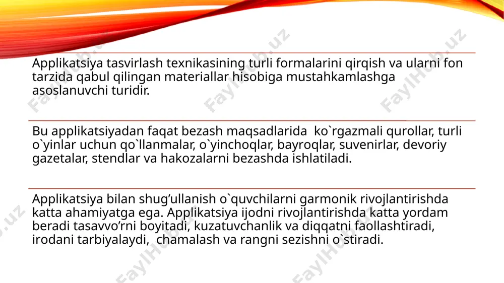 r, soatlar, mozaika bo'laklari, oyna parchalari, tugmalar, ip, plastik materiallar va boshqalar. ish uchun material: karton turli xil ranglardagi plastinka loy tayoqchasi (stakan) plastika taxtasi qalam tekisligi qogʻamdyq vazifa plastik kartondagi rus xalq ertaklari asosida dekorativ panel yaratish. ish tartibi: o’zbek xalq ertaklari uchun masalliqni tanlang. berilgan mavzu bo'yicha qog'ozga eskiz yasash. istalgan rangdagi kartonni tanlang. kartonni istalgancha shakllantiring (doira, kvadrat, oval, rhombus.....) dastlabki chizmani (eskizni) asosga – kartonga o'tkazish. chizma talab qiladigan ranglarga ko'ra ish uchun plastinkani tanlang. plastika bilan ishlash usullarini eslang. chizmaning kerakli qismlarini plastikadan shakllantiring. berilgan eskiz bo'yicha kartonda plastik bo'laklarni ehtiyotkorlik bilan tartibga solib, ularni yuzaga bosing. yengil payvandlash yoki bulg'angan qismlarni sirtga o'rnating. stakan bilan sirtlarga ma'lum bir xarakterli shaklni bering (to'lqinlilik, mukammal silliqlik, chiziqlar, mayda nuqtali tishlar....) karton chetlarini tartiblang (ixtiyoriy). image2.png image3.png image4.png image5.jpeg image6.jpeg image7.jpeg image8.jpeg image9.png image10.jpeg image11.jpeg image12.jpeg image13.jpeg image14.jpeg image15.jpeg image16.jpeg image17.jpeg image18.jpeg image19.jpeg image1.png /docprops/thumbnail.jpeg