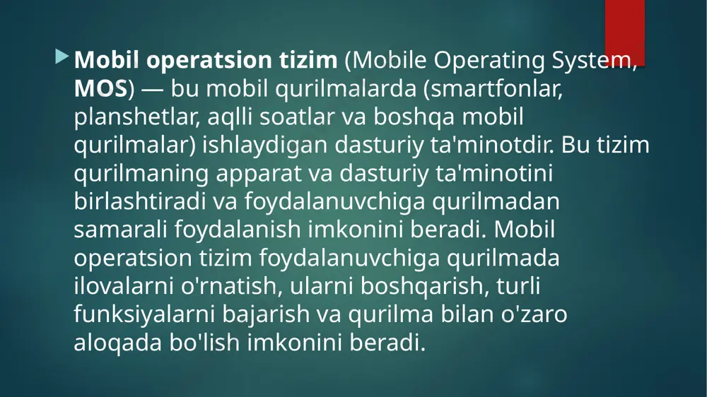 izim boshqa kompaniyalar tomonidan o'zlarining ehtiyojlariga qarab o'zgartirilgan versiyalarda ishlatiladi. android faqat bitta kompaniya tomonidan ishlab chiqilmagan. samsung, xiaomi, huawei, oneplus, lg, sony va boshqa ko'plab brendlar o'z qurilmalarida android tizimidan foydalanadi. bu tizimning ko'plab qurilmalarda ishlatilishi uni yanada keng tarqalgan va universal qiladi. android tizimi foydalanuvchiga qurilmaning ko'rinishini va ishlashini moslashish imkonini beradi. ularning turli versiyalari, qurilma ekranlarini sozlash va tizimni shaxsiylashtirish imkoniyatlari mavjud. xulosa: android: ochiq tizim bo‘lib, juda moslashuvchan va keng qurilmalarda ishlaydi. arzon va qimmat telefonlar mavjud. ilovalarni tashqaridan o‘rnatish mumkin, lekin xavfsizlik o‘rtacha. ios: yopiq tizim, xavfsiz va barqaror ishlaydi. faqat apple qurilmalari bilan mos keladi. ilovalar sifati yuqori, lekin narxi qimmat va tizimni moslashtirish cheklangan. harmonyos: huawei tomonidan ishlab chiqilgan yangi tizim. bir nechta qurilmalar bilan ishlashga mo‘ljallangan va xavfsizlik darajasi yuqori. faqat huawei qurilmalari bilan ishlaydi va ilovalar soni cheklangan. image2.png image3.png image4.png image5.png /docprops/thumbnail.jpeg