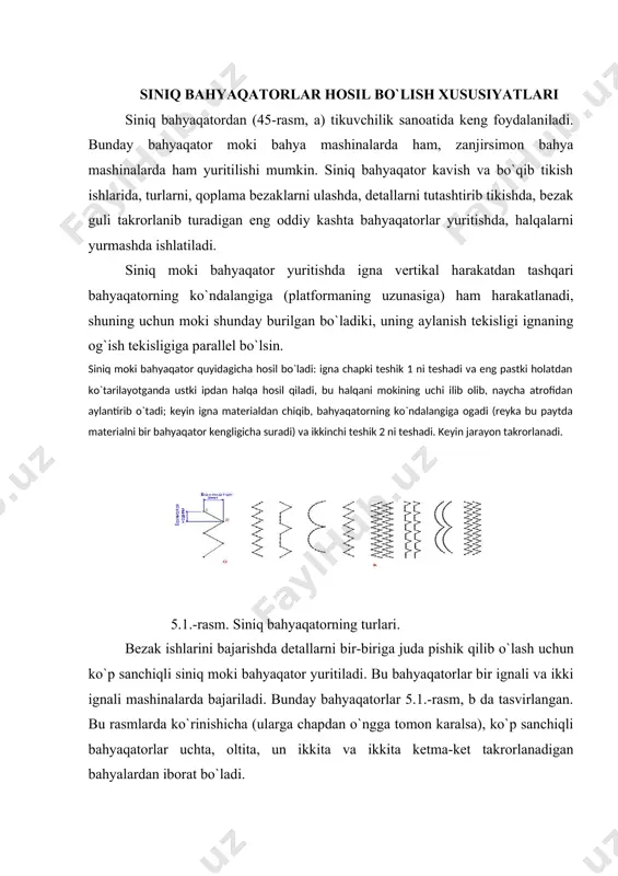 ), ko`p sanchiqli bahyaqatorlar uchta, oltita, un ikkita va ikkita ketma-ket takrorlanadigan bahyalardan iborat bo`ladi. ikki chizikli siniq bahyaqator yuritish uchun bitta moki bilan ishlaydigan ikkita igna maxsus igna tutgichga o`rnatiladi. ignalarni gorizontal harakatga kopir g`ildiragi keltiradi. siniq bahyaqator hosil qilib tikish mashinalarida igna va mokining o`zaro harakatini ko`rib chiqamiz (5.2-rasm). krivoship 1800 ga burilganda, igna o`zining eng ostki holatini egallaydi. 5.2-rasm. igna va mokining o`zaro harakat sxemasi. igna ostki holatidan dz1 uzunlikka ko`tarilganda, ustki ipdan halqa hosil qiladi. bu vaqtda moki b1 burchakka buriladi. halqani ilib olish davrida moki uchi m nuqtada igna ko`zidan s1 masofada joylashgan bo`ladi. ignaning o`ng tomonga sanchilishida moki burilish burchagi ga teng bo`ladi. igna ipi halqasini ilib olish vaqtida moki uchi h nuqtada joylashadi. ignaning dz2 ko`tarilish balandligi dz1 ga karaganda kichiq, masofa esa s2<s1 bo`ladi. bundan ma`lumki, ignaning tebranish masofasi ti oshishi bilan ignaning o`ng holatida moki uchining halqani ilib olishi yomonlashadi. buni …