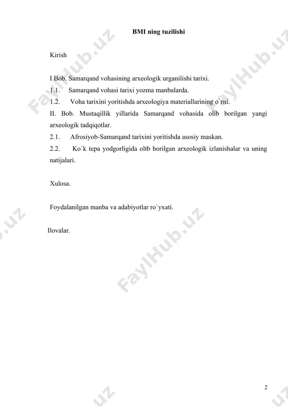 gorliklar, barcha-barchasini qamrab oladi. yangi qonun madaniy merosimizning alohida bir qismi, o`zbekistonning katta va bebaho milliy mulki – uning betakror arxeologik yodgorliklarini muhofaza qilish va ulardan foydalanishga qaratilgan. o`zbekistonning arxeologiya merosi va undan foydalanish keyingi yillarda davlat siyosati darajasiga ko`tarildi. o`zbek davlatchiligi tarixini o`rganishda arxeologiya yodgorliklari bosh omil bo`lib xizmat qilganligi barchaga ma`lum. keyingi yillarda mamlakatimizning termiz, buxoro, xiva shaharlarining 2500 yilligi, qarshi va shahrisabz shaharlarining 2700, marfilon shahrining 2000, samarqand shahrining 2750 va toshkent shahrining 2200 yilligi sanalari bu qadimiy shaharlar xarobalari bo`lgan arxeologiya yodgorliklarda olib borilgan uzoq yillik murakkab arxeologik tadqiqotlar natijasida aniqlangan. mavzuning o`rganilish darajasi. “mustaqillik yillarida bosib o`tgan va to`plagan tajribamizni xolisona baholash,qo`lga kiritilgan yuksak marralarimizni tahlil etish mamlakatimizni tadrijiy va bosqichma-bosqich rivojlantirish bo`yicha biz tanlagan modelning naqadar to`fri ekanini va shu yo`ldan bo`ndan bo`yon ham ofishmay qat`iyat bilan borishimiz zarurligini yaqqol ko`rsatmoqda” .samarqand tarixini o`rganish dastlab akram asqarov,mirza abdulla buxoriy,abu said maxsum kabi qiziquvchi,usha davrning …