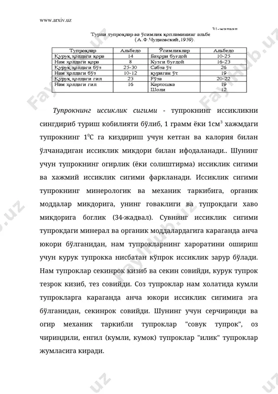 ва кор коплами сингарилар хисобланади. ўсимлик коплами ёз фаслида ер юзасининг нихоятда исиб кетишидан саклайди, киш мавсумида эса тупрокдаги иссикликнинг таркалиб кетишини пасайтиради. кишки даврда кор коплами тупрок хароратига таъсир этиб, иссикликни тўплайди ва ерни совиб, музлашдан саклайди. бу - кишлаётган кузги галланинг нобуд бўлишини олдини олишда мухим ахамиятга эга. тупрокнинг харорати, шунингдек, унинг механик таркиби, намлиги ва рангига боглик. намликни яхши ушлаб турадиган соз тупроклар юкори иссиклик сигимига эга бўлганидан, бугланишга кетадиган иссикликни шунча кўп сарфлайди. кумли тупроклар кам иссиклик сигимига эга бўлганидан, соз тупрокка нисбатан тезрок исийди. демак, енгил механик таркибли курук ва захи яхши кочирилган тупроклар бахор-ёзда иссикрок бўлиб, кузда эса соз тупрокларга нисбатан совукрокдир. тупрокнинг температура режимини характерлашда тупрокнинг 20 см чукурликдаги актив харорат (>10o c) нинг давомийлик даври мухим ахамиятга эга. ана шу чукурликда экинлар ва табиий ўтларнинг илдиз системасининг асосий кисми таркалган бўлади. тупрокнинг 0,2 м чукурликдаги актив харорат (>10o c) тупрокнинг иссиклик билан …
