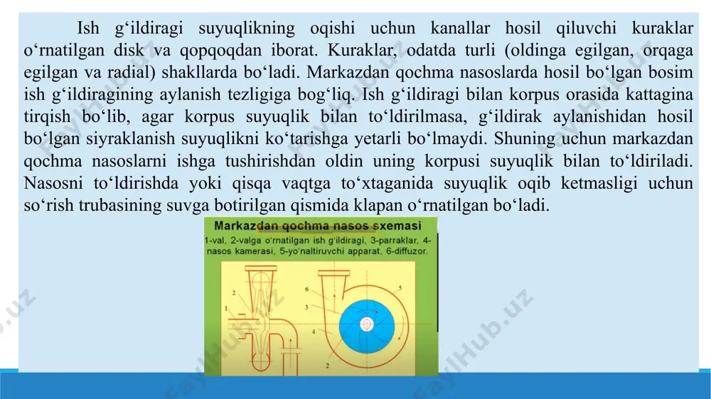 ori podshipniklar; 5-diffuzor; 6-nasos qobig’i; 7-val; 8-kuraklarini burish dastasi; 10-lappakli mufti diagonal nasoslar diagonal nasoslarda suyuqlik ishchi g’ildirakka o’q yo’nalishida kirib, diagonal yo’nalishida chiqadi. shuning uchun diagonal nasos deb nomlangan. konstruksiyasiga ko’ra diagonal nasos o’qli nasosga o’xshab ketadi, uning asosiy farqi - ishchi g’ildiragining shaklida. ikki xil tuzilishidagi diagonal nasoslar ishlab chiqariladi: ochiq ishchi g’ildirakli va to’g’rilovchi moslamali; berk ishchi g’ildirakli va spiralsimon olib ketuvchi moslamali. diagonal nasoslarning asosiy detallari tuzilishi va ularning ish tartibi markazdan qochma va o’qiy nasoslarga o’xshaydi. ochiq ishchi g’ildirakli nasoslarning kuraklarini buriluvchan holda tayyorlanishi ham mumkin. diagonal nasoslar bir pog’onali.va ko’p pog’onali gorizontal va vertikal valli ko’rinishda ishlab chiqariladi. ish ko’rsatkichlari (q,h) bo’yicha ushbu nasoslar markazdan qochma va o’qiy nasoslar orasida joylashgan (1.4-rasm) bo’lib, ulami suv uzatishi yuqori va bosimi n=10...60 m bo’lgan hollarda qo’llash maqsadga muvofiqdir. bunday hollarda diagonal nasoslar yaxshi kavitasion va ekspluatasion xususiyatlarga ega bo’ladi. diagonal nasoslar tasvirlari: a-ochiq ishchi g’ildirakli; б …