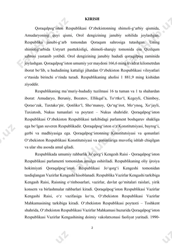 , yirik konsern va birlashmalar rahbarlari kiradi. qoraqalpog‘iston respublikasi vazirlar kengashi raisi, o‘z vazifasiga ko‘ra, o‘zbekiston respublikasi vazirlar mahkamasining tarkibiga kiradi. o‘zbekiston respublikasi poytaxti – toshkent shahrida, o‘zbekiston respublikasi vazirlar mahkamasi huzurida qoraqalpog‘iston respublikasi vazirlar kengashining doimiy vakolatxonasi faoliyat yuritadi. 1990-yili 14-dekabrda qoraqalpog‘iston respublikasi oliy kengashi o‘zining iv sessiyasida «o‘zbekiston respublikasi tarkibida qoraqalpog‘iston respublikasi davlat suvereniteti to‘g‘risida»gi deklaratsiya qabul qildi. mazkur deklaratsiya 1991-yil 31-avgustda qabul qilingan «o‘zbekiston respublikasi davlat mustaqilligi asoslari to‘g‘risida»gi qonunda o‘zining huquqiy asosini topib, 1-17-moddalarida qoraqalpog‘istonning hududiy yaxlitligi va mustaqilligi e’tirof etildi. har ikki respublika o‘rtasidagi siyosiy, iqtisodiy va madaniy munosabatlaro‘zbekiston respublikasining 1992-yil 8-dekabrda qabul qilingan konstitutsiyasida(70-75 moddalar) o‘z aksini topdi. qoraqalpog‘iston respublikasi oliy kengashi o‘zining xii sessiyasida (1993-yil 9- aprel) qoraqalpog‘iston respublikasi konstitutsiyasini qabul qildi. qoraqalpoq milliy davlatchiligi o‘z taraqqiyoti tarixida birinchi marta insonparvar, adolatli, demokratik imtiyozlarga ega bo‘ldi. ayni paytda u suveren respublikaning barcha atributlariga ega. «qoraqalpog‘iston respublikasining davlat bayrog‘i to’g’risida» qonun 14-dekabr 1992-yilda qoraqalpog‘iston …