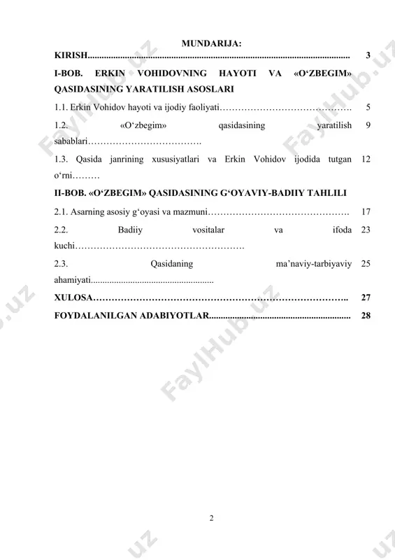 g or-nomusi, buyuk kelajagi borasidagi fikr-mulohazalarini keng ifoda etadi. asarda nafaqat tarixiy o‘tmish, balki kelajak umidi, istiqlol g‘oyasi, vatan erki kabi muhim tushunchalar badiiy vositalar orqali chuqur talqin etilgan. qasidada o‘zbek millatining madaniy merosi, buyuk ajdodlari, istiqlolga bo‘lgan intilishi hamda milliy g‘ururi ulug‘lanadi. bu asar xalqimizning mustaqil davlatga ega bo‘lish orzusi, ichki iztirob va faxr tuyg‘ularini jamlagan she’riy yodgorlik sifatida qadrlanadi. mazkur qasidaning dolzarbligi, ayniqsa, mustaqillik yillarida yanada oshdi. «o‘zbegim» nafaqat o‘zbek adabiyotining mumtoz namunasi sifatida, balki tarbiyaviy, mafkuraviy va ma’naviy jihatdan ham yoshlar ongiga ta’sir ko‘rsatuvchi manba sifatida qadrlanmoqda. asarda ifodalangan fikrlar, badiiy obrazlar va tarixiy ramzlar yosh avlodda vatanga muhabbat, milliy iftixor va fidoyilik hissini shakllantirishda muhim vosita bo‘lib xizmat qiladi. shu jihatdan, «o‘zbegim» qasidasini adabiy jihatdan tahlil qilish nafaqat ilmiy, balki tarbiyaviy ahamiyatga ham egadir. yana bir muhim jihat shundaki, erkin vohidov ijodining chuqur o‘rganilishi orqali o‘zbek she’riyati rivojining muhim bosqichlari, adabiyotda milliy g‘oya va istiqlol mafkurasi …