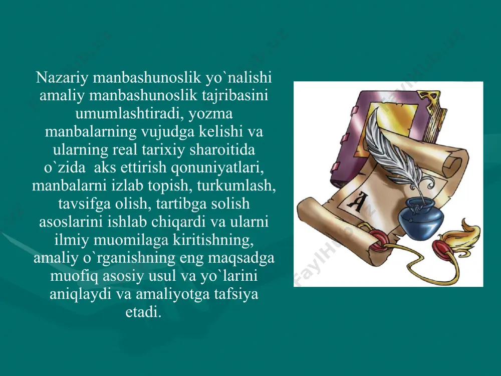 a, ikkinchisi birinchisi uchun daliliy ma`lumotlar jamlab, asos bo`lib xizmat qiluvchi dalillarni yig`adi. 10 adabiyotlar: 1. karimov i a tinchlik va xavfsizligimiz o`z qudratimizga hamjihatligimiz va qatiy irodamizga bog`liq. 12 jild t. o`zbekiston 2004. 2. karimov i a o`zbek halqi hech qachon hechh kimga qaram bo`lmaydi. 13- jild t. o`zbekiston 2005. 3. a madiraimov, g.fuzailova . manbashunoslik toshkent. 2008. 4 ahmedov b. a. o`zbekiston tarixi manbalari toshkent 2001. image1.jpeg image2.jpeg image3.jpeg image4.png image5.jpeg image6.jpeg image7.png image8.png /docprops/thumbnail.jpeg
