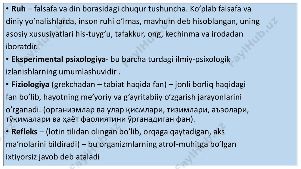 tativ asab tizimini tashkil etadi. asab tizimi organizmning ixtiyoriy va ixtiyorsiz bajariladigan vazifalarini boshqaradi. ixtiyorsiz bajariladigan vazifalarga misol qilib ovqat hazm qilish vazifasini keltirishimiz mumkin. asab tizimini tashkil etuvchi milliardlab asab hujayralari organizmning o‘zidan, shuningdek, tashqi muhitdan axborot qabul qiladilar. bosh miya xaritasini tuzib, nervlar vazifalarini aniqlashga ilk marotaba tomas uillis (1621-1675) qo‘l urgan edi. nemis vrachi frans gall (1758-1828) miyaning frenologiya xaritasini yaratib, unda «ruh layoqatlari» deb nomlagan psixikaning xossalarini joylashtirdi. bosh va orqa miya – ikki hayotiy muhim organlar – miya qutisi va umurtqa pog‘onasi suyaklari bilan o‘ralgan va himoya qilinadi. miyaning asosiy tarkibiy qismlari bo‘lib katta miya (ikki yarim sharlar), miyacha, orqa miya hisoblanadi. miya yarim sharlari – bu organning axborotni qabul qilib, tananing boshqa qismlariga o‘tkazuvchi asosiy qismidir. yarim sharlar nutq, tafakkur va xotiraga ma’suldirlar. miyacha asosan tana harakatlarini muvofiqlashtirishga yordam beradi. orqa miya yurak faoliyati, nafas olish va qon bosimi kabi vazifalarni boshqaradi. asab tizimi …