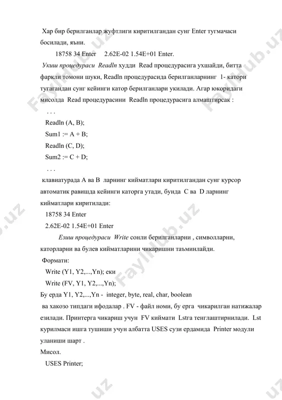 бошка блокка узатиш ман этилади. процедуранинг чакириш оператори фойдаланувчи томонидан белгиланган процедурани еки стандарт процедурани ишга тушириш учун ишлатилади. масалан : clrscr; { стандарт процедурани чакириш } initwork(true); { фойдаланувчи процедурасини чакириш } буш оператор хеч кандай амал бажармайди ва унинг таркибида хеч кандай символлар йук. одатда буш оператор локал еки глобал блокнинг охирига утишда ишлатилади : label metka; ... begin ... goto metka; { переход в конец блока } ... metka: { пустой оператор помечен меткой } end; структурали операторлар катъиян белгиланган коидалар буйича бошка операторлардан тузилган операторлардир. хамма структурали операторлар уч гурухга булинади: таркибий , шартли, кайтариладиган . таркибий оператор бу бир-биридан нукта вергул белгиси ва begin ва end операторли кавслар ердамида ажратилган операторлар гурухидир: begin ... end; таркибий оператор программанинг хохлаган тилнинг синтаксиси рухсат берадиган кисмида жойлашиши мумкин . шартли операторлар. шартли оператор,шарт, жойлаштирилган операторлар. turbo pascal тилида иккита шартли операторлар мавжуд : if ва case. if …