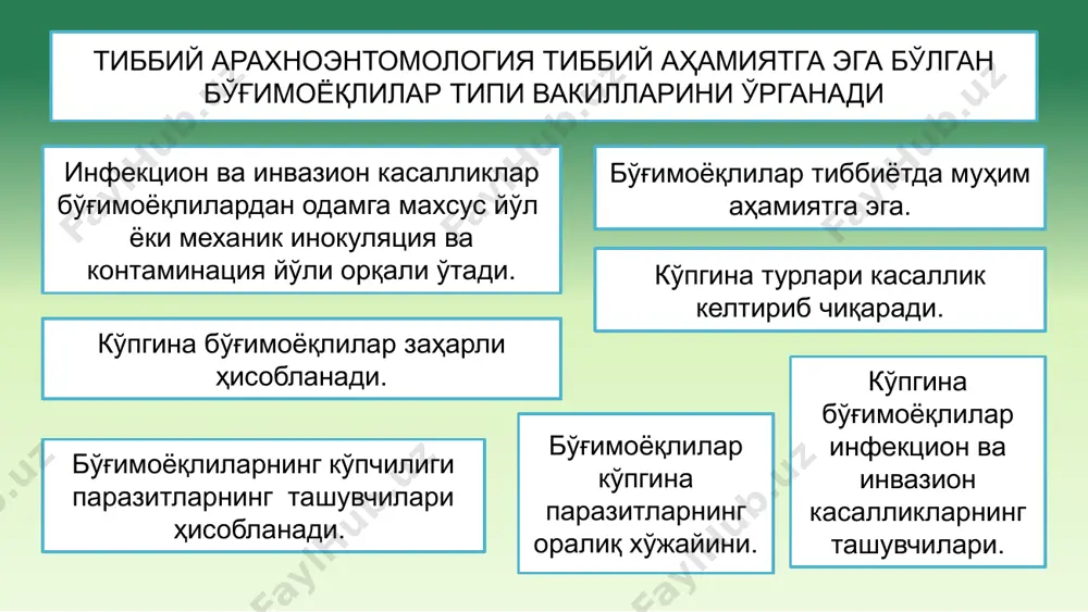 итта ичак каналидан ташкил топган. уни шартли равишда уч қисмга бўлинади: олдинги ичак, ўрта ва орқа ичак. орқа ичак анал тешиги билан тугайди. махсус қон айланиш ва нафас олиш аъзолари йўқ нерв тизими фақат қорин нерв занжиридан иборат циклоп бутун танаси билан нафас олади, сув бургаси эса жуда содда тузилган жабралар билан нафас олади одам ришта личинкаси бўлган циклопларни сув билан ютиб юбориши натижасида бу касалликни - дракункулёзни юқтириб олади нерв тизими фақат қорин нерв занжиридан иборат. сезги органлари суст ривожланган: бир жуфт антеннула (йирикроқ) ва бир жуфт антенналардан ташкил топган оғиз аппарати олдинги икки жуфт оёқ ўсимталари — хелицера ва педипальпаларидан ташкил топган. хелицералар санчиб сўришга мослашган, педипальпалари эса пайпаслагич вазифаcини бажаради. каналар одатда танаси бўғимларга бўлинмаган майда ўргимчаксимонларни ўз ичига олади, фақатгина баъзи бир паразит шакллари тўқ ҳолда 3—4 см катталикда бўлиши мумкин. педипальпаларнинг асосидаги бўғимлари бир-бири билан қўшилиб, оғиз бўшлиғининг пастки деворини ҳосил қилади гипостомда бир қанча …
