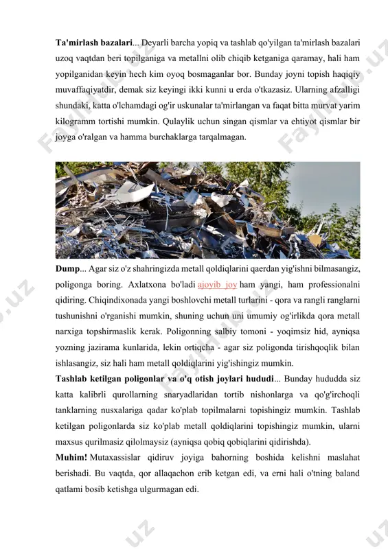 alari bor: · ta'sirchanlik, qidiruv chuqurligi va ohangni sozlash · bunga javob har xil turlari metallar va ularning rejimlariga o'tish metall detektori bilan erga yaqin va yon tomonlarga yaqin metall qoldiqlarini qidiring. qurilma metallni aniqlagandan va ovozli signal berganidan so'ng, siz displey ko'rsatkichlariga qarashingiz va aniqlashni boshlashingiz kerak. muhim! agar siz metall detektor yordamida qidiruvga borgan bo'lsangiz, batareya quvvatini tekshiring yoki zaxira batareyalar to'plamini oling. metallni qidirishning yana bir samarali vositasi - bu maxsus qidiruv magnitidir. u asosan daryolar, hovuzlar, ko'llar, quduqlar va favvoralardan chiqindilarni topish uchun ishlatiladi. suv havzalarida magnit bilan qidirish yaxshiroqdir. uning ishlash usuli - metall o'ljani magnitlanishini oson va qulay usulda qaytarish. rangli metall qoldiqlari o'zingiz yoki qurilmalar yordamida qoldiq topganingizdan so'ng, siz to'g'ridan -to'g'ri qidirishga o'tishingiz mumkin. yaxshi politsiyachiga bir nechta asosiy vositalar kerak bo'ladi: image3.jpeg image4.jpeg image5.jpeg image6.jpeg image7.jpeg image1.jpeg image2.jpeg