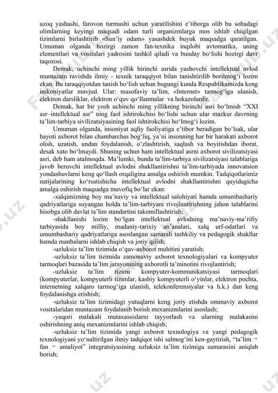 utuqlari xalq xo‘jaligining turli sohalariga tadbiq qilinmoqda. bioorganik va fizik, kimyo, o‘simlik moddalari va yuqori molekulali birikmalar kimyosi ko‘plab tabiiy va sun’iy kimyoviy moddalarni olish imkonini berdi. botanika va seleksiya, zoologiya va meditsina, bioximiya, biofizika va geoximiya, geologiya va seysmologiya yirik muvaffaqiyatlarga erishdi. filosofiya va huquq, til va adabiyot, tarix va sharqshunoslik sohalarida ham yirik ilmiy tadqiqot ishlari olib borilmoqda. keyingi chorak asr davomidagi ilmiy - texnik taraqqiyotga nazar tashlasak, bu davr ichida ko‘pgina, ayniqsa fizika, matematika, mexanika, ximiya, biologiya kabi aniq fanlar va shu bilan birga texnikada tamomila yangicha sifat va tamoyillarga ega bo‘lgan qonunlar, nazariyalar va gipotezalarning vujudga kelganligini shohidi bo‘lamiz. fanlarning o‘zaro hamkorligi tezlashib, fanning yangi sohalari paydo bo‘la boshladi. bular esa o‘z navbatida texnika taraqqiyoti uchun xizmat qiladi. ayniqsa, hozirgi davrda xalq xo‘jaligini boshqarishni avtomatlashtirish keng ko‘lamda amalga oshirilmoqda. bu borada fan va texnika yutuqlarini o‘z navbatida yoshlarga yetkazib borish, hozirgi zamon darslariga qo‘yilgan talablardan biridir. …
