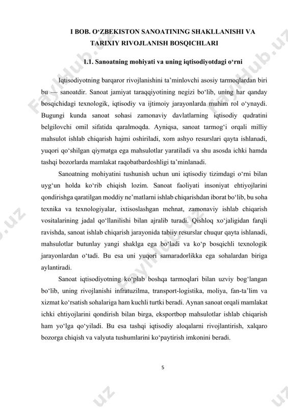 blanadi. u milliy daromadning asosiy manbai, innovatsion texnologiyalarni joriy etish platformasi, aholi bandligini oshirish vositasi va nihoyat, iqtisodiy mustaqillikning asosiy garovi sifatida e’tirof etiladi. sanoat sohasining iqtisodiy rivojlanishdagi tutgan o‘rni nafaqat ishlab chiqarish ko‘rsatkichlari, balki jamiyatdagi innovatsion muhitni shakllantirish, resurslardan samarali foydalanish va ekologik xavfsizlikni ta’minlash kabi omillar orqali ham namoyon bo‘ladi. zero, sanoat taraqqiyoti nafaqat moddiy boyliklar yaratadi, balki mamlakatning ilmiy-texnik salohiyatini kuchaytiradi, yangi texnologiyalarni ishlab chiqish va ularni amaliyotga joriy qilishga asos yaratadi. bugungi kunda iqtisodiy o‘sish faqat ko‘p ishlab chiqarish bilan emas, balki innovatsion, energiya tejovchi, ekologik toza texnologiyalar asosida tashkil etilgan sanoat modeli bilan baholanadi. rivojlangan mamlakatlarning tajribasidan ko‘rinadiki, sanoat iqtisodiy o‘sishning “lokomotivi” sifatida harakat qilgan. masalan, germaniya, yaponiya, janubiy koreya, xitoy va aqsh sanoatga tayangan holda yuksalish yo‘liga chiqqan. o‘zbekiston uchun ham ayni shunday yondashuv muhim hisoblanadi. shu bois so‘nggi yillarda sanoat tarmoqlari bosqichma-bosqich raqamlashtirilmoqda, ishlab chiqarish zanjirlari modernizatsiyalashmoqda, texnologik jihatdan orqada qolgan korxonalar qayta …