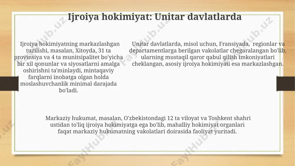 n, aqshda, ikki palatali kongress 50 ta shtatning manfaatlarini hisobga olgan holda qonunlar chiqaradi va bu jarayon murakkab konstitutsiyaviy mexanizmlarni o'z ichiga oladi. germaniya kabi federal davlatlarda, bundestaq va bundesrat kabi ikki palatali parlament, qonun chiqarish jarayonida federal va yerlar darajasidagi hokimiyat vakillarining o'zaro hamkorligini ta'minlaydi. avstraliya federatsiyasida, 6 ta shtat va 2 ta hududning vakillarini o'z ichiga olgan parlament, federal darajadagi qonunlarni qabul qilishda, hududiy o'ziga xosliklarni va mahalliy ehtiyojlarni hisobga olishga harakat qiladi. xulosa unitar davlatlar ichki ishlarni markazlashtirilgan tarzda boshqaradi, 50 ta shtatga bo'lingan aqsh kabi federal davlatlardan farqli o'laroq, qonun chiqarish va ijro etuvchi hokimiyatning yagona tizimiga ega. konstitutsiyaning 2-bobida belgilanganidek, o'zbekiston respublikasi unitar davlat bo'lib, uning 12 ta viloyati va qoraqalpog'iston respublikasi markaziy hokimiyatga bo'ysunadi. konstitutsiyaning 2-bobida belgilanganidek, o'zbekiston respublikasi unitar davlat bo'lib, uning 12 ta viloyati va qoraqalpog'iston respublikasi markaziy hokimiyatga bo'ysunadi. hukumat tuzilmasi: unitar davlatlarda buyuk britaniyada, unitar davlat sifatida, parlament 650 dan …