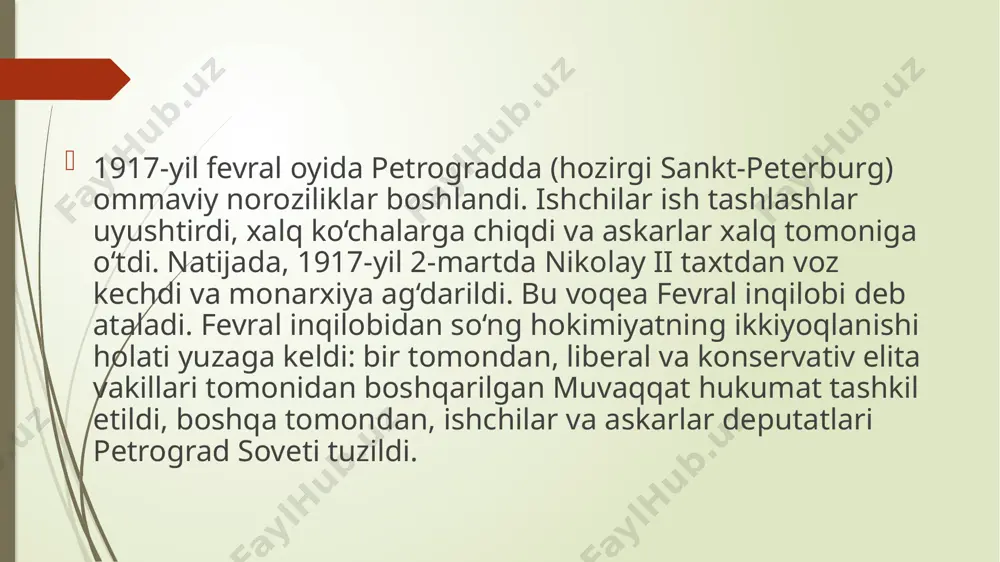 azorati va ruslashtirish siyosati ba’zi respublikalarda noroziliklarni keltirib chiqardi. 5. bolsheviklar ichidagi hokimiyat uchun kurash (1924-1927) lenin 1924-yilda vafot etgandan so‘ng, bolsheviklar partiyasi ichida hokimiyat uchun qattiq kurash boshlandi. asosiy raqobatchilar iosif stalin (partiyaning bosh kotibi), lev trotskiy (qizil armiya tashkilotchisi) va grigoriy zinovyev bilan lev kamenev edi. stalin o‘zining tashkilotchilik qobiliyatlari va partiya apparatidagi ta’siri tufayli asta-sekin ustunlikka erishdi. trotskiy “doimiy inqilob” g‘oyasini ilgari surdi va sotsializmni dunyo miqyosida tarqatishni talab qildi. stalin esa “bir mamlakatda sotsializm” g‘oyasini qo‘llab-quvvatladi va sssr ichida sotsialistik jamiyat qurishga e’tibor qaratdi. 1925-yilda stalin trotskiy, zinovyev va kamenevni partiyadan chetlatishga muvaffaq bo‘ldi. 1927-yilga kelib stalin partiyada mutlaq hokimiyatni qo‘lga kiritdi va sssrning yagona rahbari sifatida tanildi. 6. 1927-yilga kelib sssrning mustahkamlanishi 1927-yilga kelib sssr o‘zini barqaror davlat sifatida ko‘rsata oldi. nep tufayli iqtisodiy tiklanish sezilarli darajada yaxshilandi, ammo stalin 1928-yilda nepni bekor qilib, besh yillik rejalarni (пятилетки) joriy etdi. bu davrda sanoatlashuv va kollektivlashtirish …