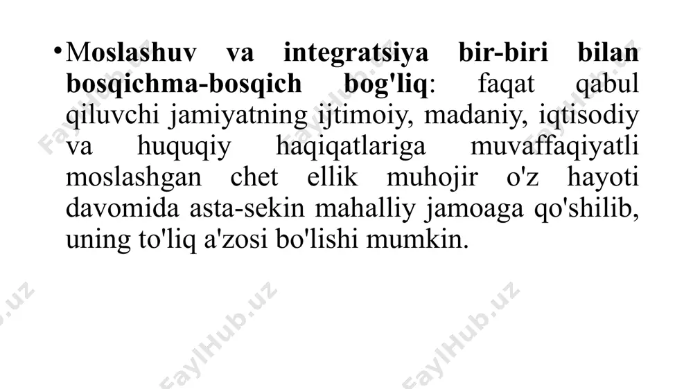 a'zolarining salbiy baholari (salbiy stereotiplar) guruh a'zolari tomonidan salbiy baholar (norozilik). guruhlar o'rtasidagi munosabatlarni yaxshilaydigan omillar (aloqa nazariyasi): teng holat hokimiyat tomonidan rag'batlantirish hamkorlik va raqobatning etishmasligi (umumiy maqsadlar) kontaktning davomiyligi va intensivligi diskriminatsiyani kamaytirish: - davlat taqiqi (aqsh) - jamiyat ta'limi (tumanlar, uylar, maktablar, d/s darajasida) - shafqatsizlikni bostirish (armiyada, maktablarda) - nizolarni hal qilishni o'rganish migrantlar huquqiy madaniyatida sodir bo‘ladigan transformatsion holatlar ular munosabatlari rivojlanishida bir qator vazifalarni bajaradi. 1. regulativ vazifa: migrantlar huquqiy madaniyati transformatsiyasining regulativ vazifasi faol fuqarolik pozitsiyasini rivojlantirish bilan bog‘liq. 2. aksiologik vazifa: migrantlar huquqiy madaniyati transformatsiyasining aksiologik vazifasi baholash yordamida aks ettiriladi. 3. kommunikativ vazifa: migrantlar huquqiy madaniyatining transformatsiyasi kommunikativlik vazifani ham bajaradi. migrantlar orqali ikki xalq madaniyati huquqiy jihatdan muloqot qiladi. 4. moslashuv vazifasi: migrantlar huquqiy madaniyatidagi ijobiy transformatsion holatlar ularni mahalliy xalqqa moslashishini amalga oshiradi. /docprops/thumbnail.jpeg