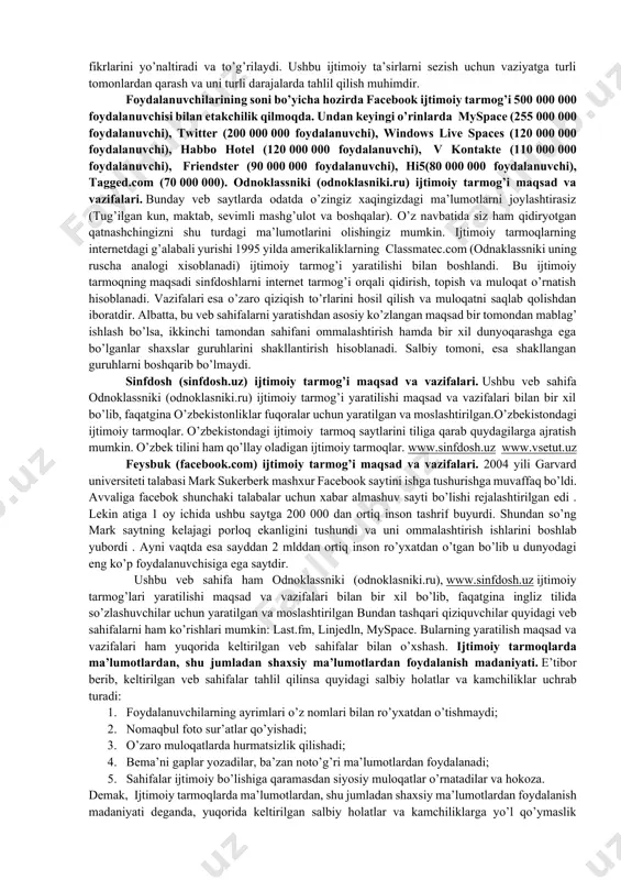 qda. bunga befarq qarash aslo mumkin emas. g’arazli maqsadlarni ko’zlab amalga oshiriladigan axborot urushi puxta o’ylangan holda amalga oshiriladi. bu borada psixologik, elektron va boshqa usullardan foydalanadilar. axborot urushini amalga oshirish uchun katta mehnat sarflanmaydi, qimmatbaho qurollarga hojat qolmaydi. bu urushda davlat chegaralarining ahamiyati qolmaydi hisobi. axborot qurolining keng va tor ma’nolari bor. keng ma’noda – raqibni kerakli yo’nalishda fikrlashga undaydigan, uning nuqtai nazarini o’zgartirishga qodir bo’lgan va kerakli axborot yordamida amalga oshiriladigan harakatlardir. tor ma’noda – raqibning axborot zahiralari ustidan nazoratni ta’minlaydigan va uning telekommunikatsiyalari tizimlariga zarar yetkazadigan texnikaviy usullar va texnologiyalar. demak, axborot quroli – bu raqibning axborot va boshqaruv tizimlariga ta’sir etuvchi maxsus moslama va vositalar. tabiiyki, axborot texnologiyalari rivojlangan mamlakatlar tomonidan bunday quroldan foydalanish imkoniyatlari juda keng. axborot maydonida davom etayotgan kurashlardan asosiy maqsad – milliy manfaatlar himoyasidir. axborot xurujining “tig’i” asosan ma’naviyatimiz, milliy qadriyatlarimizni yemirib tashlashga qaratilgan bo’ladi. “bu sharq yoki g’arb mamlakatlari bo’ladimi, olis …