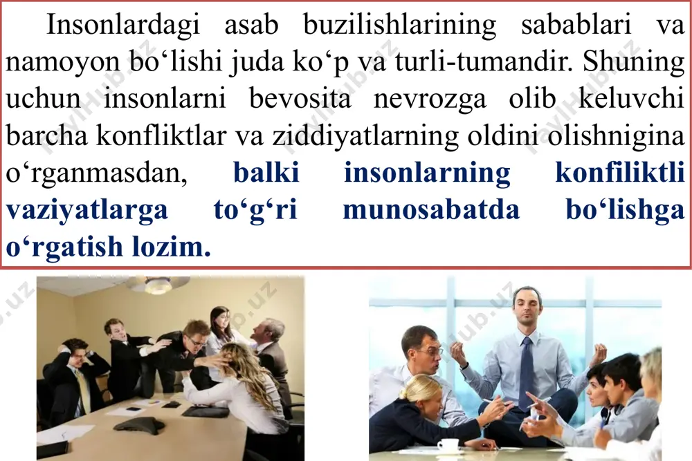 ga nohaq ozor bergan holatini eslashga, uning ich-ichidan shu holatni his qilishiga va shu jarayonda nimani his qilganligini o‘z-o‘ziga gapirib, tasvirlab berishga harakat qildirishdan iborat. emotsional hissiy zo‘riqishlarni bartaraf etuvchi treninglar natijasida ishtirokchi quyidagilarga erishadi: 1 shaxsni o‘z hayotida sodir bo‘lgan noxush, ko‘ngilsiz voqealarni unutishga yoki buni to‘g‘ri qabul qilishga o‘rgatiladi; 2 shaxsni ichki ruhiy azoblanish jarayonini har bir nuqtasigacha gapira olishga o‘rgatiladi, bunda shaxs hujayrasining har bir joyidagi kechinmani, holatni gapirtirishga o‘rgatiladi; 3 shaxsni o‘z hissiyotlarini tasvirlab, gapirishga o‘rgatish orqali undagi salbiy hissiyotlarni psixikasidan chiqarib yuborishga o‘rgatiladi. 4. insonlarda stressga berilish sabablari bugungi kunda juda ko‘p insonlar stress muammosidan, to‘g‘rirog‘i uni kechirish va undan chiqib ketish yo‘llarini bilmaslikdan azob chekmoqdalar. ma’lumki, inson o‘z hayoti davomida turli xil favqulodda vaziyatlarga, muammolarga, g‘am-tashvishlarga duch keladi. har qanday inson ham bunday vaziyatlardan tezroq xalos bo‘lishni istaydi, albatta. yana bir toifa kishilar mavjudki, ular hayotiy muammolarga duch kelmaslaridan turib undan qo‘rquv va xavotirga …