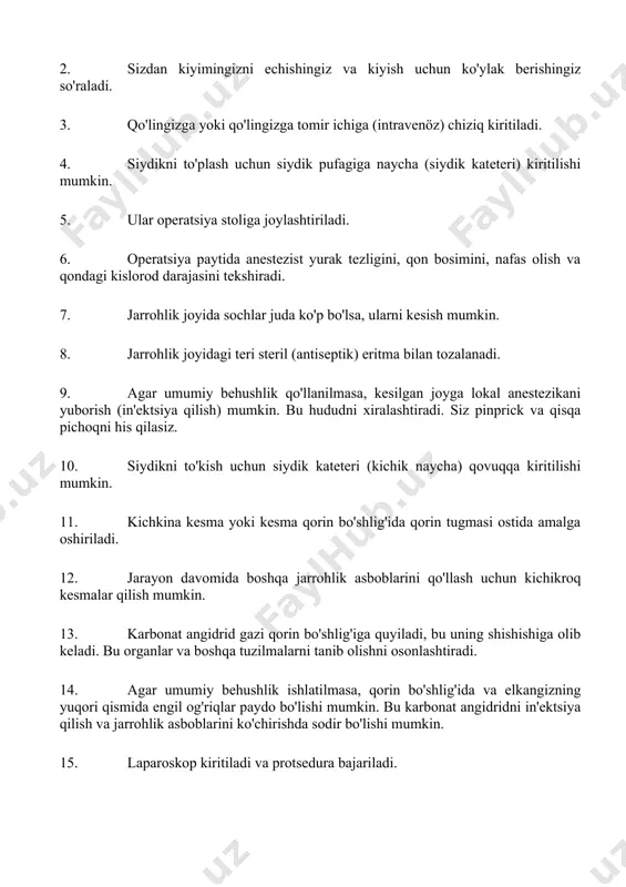 apellar keyingi tashrif davomida olib tashlanadi. agar yopishtiruvchi chiziqlar ishlatilgan bo'lsa, ular quruq holda saqlanishi kerak. ko'pincha ular bir necha kun ichida tushadi. siz hali ham oshqozoningizda bo'lgan karbonat angidrid gazidan og'riqni his qilishingiz mumkin. bu og'riq bir necha kun davom etishi va elkangizda sezilishi mumkin. har kuni bir oz yaxshiroq his qilish kerak. siz provayderingizning ko'rsatmalariga binoan og'riq qoldiruvchi vositalarni qabul qilishingiz mumkin. aspirin yoki boshqa og'riq qoldiruvchi vositalar qon ketish xavfini oshirishi mumkin. faqat provayderingiz ruxsat bergan dori-darmonlarni qabul qiling. jarayondan keyin 1 yoki 2 kun davomida gazlangan ichimliklar ichmang. bu karbonat angidrid gazidan kelib chiqadigan engil og'riqni kamaytirishga yordam beradi. gazlangan ichimliklar ham oshqozoningizni bezovta qilishi mumkin. jarayondan keyin bir necha soat davomida toza suyuqlik ichishga ruxsat berilishi mumkin. siz ko'rsatmalarga muvofiq asta-sekin qattiqroq ovqatlarga o'tishingiz mumkin. agar o'zingizni kasal his qilsangiz yoki qayt qilsangiz, shifokoringizga xabar bering. sizdan bir necha kun davomida jismoniy faoliyatingizni cheklashingiz so'ralishi …