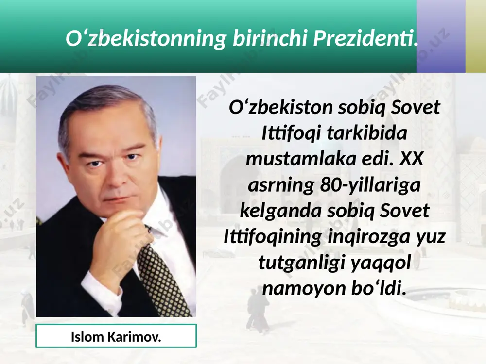stonda prezidentlik lavozimining ta’sis etilishi haqida so‘zlab bering. 2. «prezident» so‘zi va uning maqomini ta’riflab bering. 3. o‘zbekiston respublikasi davlat mustaqilligining e’lon qilinishi jarayoni qanday kechdi? 4. davlatlarga davlat ramzlari nima uchun zarurligini tushuntirib bering. 5. qoraqalpog‘iston respublikasi haqida nimalarni bilib oldingiz? image2.jpg image3.emf image4.jpeg image5.jpeg image6.jpeg image7.jpeg image8.gif image9.png image10.png image11.jpeg image12.jpeg image13.png image14.jpeg image15.jpeg image16.jpeg image17.jpeg image18.jpeg image19.jpeg image20.jpeg image21.jpeg image1.jpg