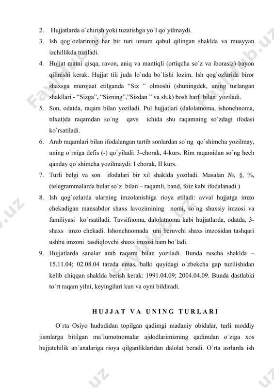 lik an`analariga rioya qilganliklaridan dalolat beradi. o`rta asrlarda ish yuritish huquqiy maqomga ega bo`ldi, davlat mahkamasida munshaot tizimi shakllandi va qator hujjat turlari paydo bo`ldi. o`zbek tilining rasmiy idoraviy til sifatida qo`llanishi qoraxoniylar hukmronligi davrida boshlandi. xx asrdan so`ng o`zbek xonlari va amirlari saroylarida yozilgan turli xil hujjatlar o`ziga xos mazmuni, muayyan tartibi va nutqiy qolipi bilan ajralib turadi. sho`ro hukmronligi davrida o`zbek va rus tillarida ish yuritish huquqi qonunlashtirilgan bo`lsa-da, amalda o`zbek tilining ijtimoiy mavqeyi past edi. o`zbekiston mustaqillikka erishgach, o`zbek tilining davlat tili sifatidagi rasman ish yuritish maqomi mustahkamlandi. boshqaruv jarayonining murakkabligi va serqirraligiga muvofiq ravishda idoraviy ish yuritish qog`ozlari, hujjatlar ham xilma-xil va miqdoran juda ko`p. hujjatlarning maqsadi, yo`nalishi, hajmi, shakli va boshqa bir qator sifatlari ham turlichadir. ish yuritishda hujjatlar tuzilishiga ko`ra ichki va tashqi hujjatlar sifatida farqlanadi. agar hujjat muayyan muassasaning o`zida tuzilib, undan shu muassasaning o`zida foydalanilsa, ichki hujjat hisoblanadi. ayni muassasaga boshqa tashkilot …