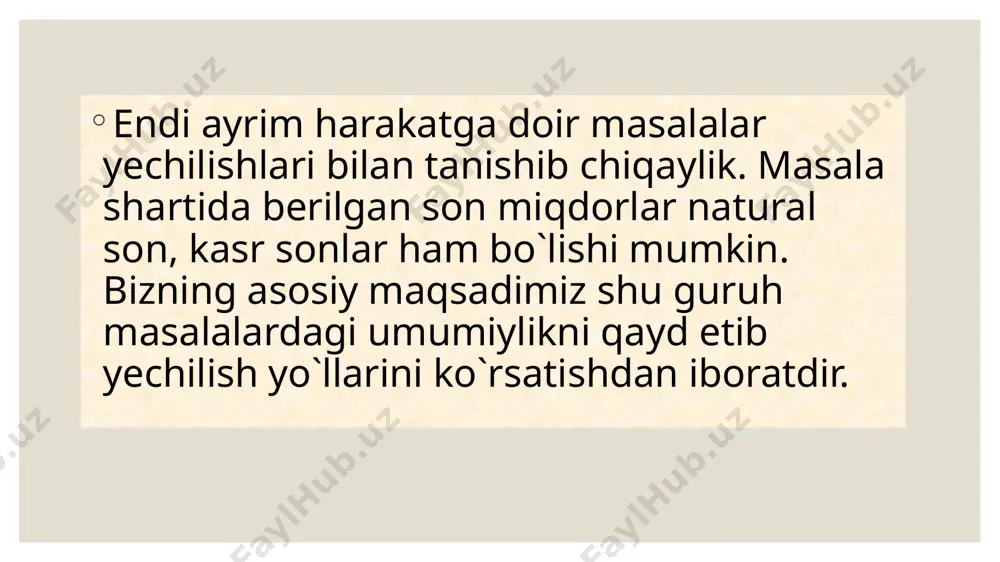 3) tulkining ikki sakrashi itning 6 sakrashiga teng. demak, it o`zining 66 sakrahida tulkiga qaraganda o`zining 6 sakrashi miqdorida ortiq yo`l bosadi. 4) it o`zining bir sakrashida tulkiga ikki sakrashi miqdorida 66: 6 11 yaqinlashadi. 5) it tulkini 1100 sakrashda 100*11=1100 quvlab yetadi. 2-masala. piyoda kishi a dan b ga qarab yo`lga chiqdi. 12 soatdan keyin a dan b ga qarab avtomobil jo`nab ketdi. avtomobil piyoda kishiga qaraganda 5 marta tezroq yuradi. necha soatdan keyin avtomobil piyodani quvib yetadi? e’tiboringiz uchun raxmat image2.jpg image3.jpeg image4.png image5.png image6.png image7.png image8.png image9.png /docprops/thumbnail.jpeg