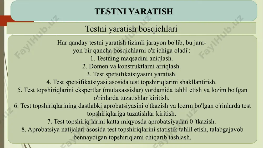 vchi «o'tkan kunjar» romani qachon yozilganligini bilishi yoki undagi qahramonlarni ajrata olishi - bir daraja, romanda qanday muammolar ko'tarilganligini tahlil qilib bera olishi yoki roman qahrarnonlarining xatti-harakatlariga baho berishi - boshqa daraja. test spetsifikatsiyasida domenning bar bir elementi qaysi darajada yoki qaysi darajagacba baholanishi aniq ko'rsatilishi lozim. keyingi bosqichlarda test topshiriqlari yaratiladi va ekspertlar (mutaxassislar) tomonidan tahlil etiladi. test topshinqlarini tahiii etishda ularning test spetsifikatsiyasiga mos1igi, test topsbiriqlarini yaratish qoidalariga mosligi, tushunariiligi, aniqligi singari jihatlariga e'tibor beriladi. bunda bir qancha ekspertlar qatnashib, har bir ekspert test topshirig'ining bir jihatini tahlil qilib berishi yoki barcha ekspertlar har tomonlarna tahlil qilishlari mumkin. bunda ekspertlar oldiga aniq masalalar qo'yish ekspertizajarayonining samaradorligini oshiradi. oltinchi bosqichda test topshiriqlarirring dastlabki aprobatsiyasi o'tkaziladi. aprobatsiya - testning psixometrik xarakteristikalarini (ya '01 testning shaxsdagi xususiyatlarni qay darajada o'lchay olishini) aniqiash harnda testdagi noaniqliklar va xatolarni aniqlash maqsadida o’tkaziladigan jarayon. keyingi bosqichlarda test topshiriq ian katta miqyosda aprobatsiyadan o'tkaziladi. aprobatsiyada …