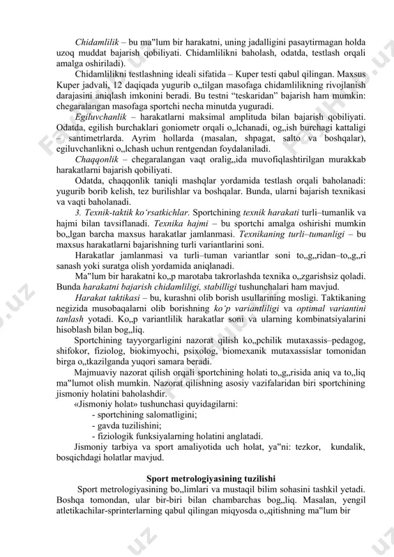 vob qanday bo„lishini tanlashi lozim (masalan, o„ngga – chapga, kuchli – kuchsiz va boshqalar). harakatlanayotgan ob’ektga reaksiya vaqti (masalan, tarelkalarga o„q uzish, harakatlanuvchi nishon va boshqalar) reaksiya vaqtining biror qismi harakatni o„rganishga sarflanishi zarurligidan iborat. kuch - mushak kuchlanishlari yordamida tashqi qarshilikni yengish qobiliyati. sportchining maksimal kuchi (undan yuqori ko„rsata olmaydigan chegaraviy natija) va o‘rtacha kuchi (ayni bir faoliyat turida ko„plab urinishlarning o„rtacha qiymati) farqlanadi. jts amaliyotida ma‟lum ma‟noda kuchning hosilasidan iborat bo„lgan kattaliklar: impuls va kuch gradientidan foydalaniladi. kuch impulsi (i) taqriban kuchning uni yuzaga kelish vaqtiga ko„paytmasi kabi aniqlanadi: i=fꞏt (3.2) bu yerda f – sportchi kuchi; t – kuchning yuzaga kelish vaqti. impuls – zarba paytidagi kuch imkoniyatlarini tavsiflaydi va kuchning minimal ta‟sir vaqti bilan farqlanadi. kuch gradienti (s) quyidagicha aniqlanadi: 𝑆 = 𝐹 𝑡 (3.3) bu yerda t – kuchning yuzaga kelish vaqti. gradient – sportchi kuchining, ushbu kuchni namoyon bo„lish paytidagi «portlovchi» harakatini tavsiflaydi: gradient …