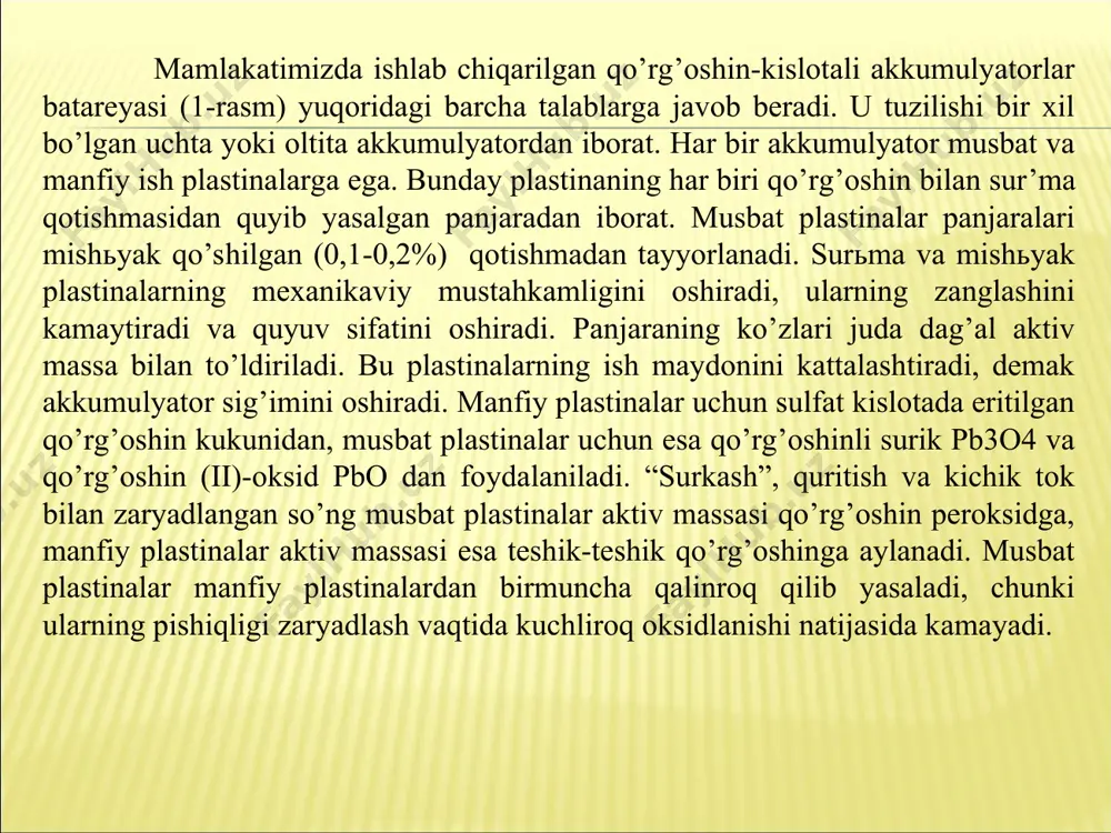 atorlar sonini 2v ga ko’paytirish kerak); akkumulyatorlar sonidan keyingi t harfi “og’ir” degan so’zni bildiradi. bunday batareyalar o’zining pishiqligi bilan ajralib turadi, ulardan traktor va kombaynlarda foydalaniladi; st startyor tipidagi batareya; 45 va 150 sig’imi (a. soatda); p va e batareya baki qanday materialdan yasalganini bildiradi (mos ravishda plastmassa yoki ebonit); m yoki ms separatorlar qanday materialdan yasalganini (miplast yoki shisha kigizli miplast, r mipor yoki rezina); z batareya quruq zaryadlanganligini bildiradi; bunday batareyalar quruq separatorlari bor zaryadlangan plastinalardan yig’iladi. a) xizmat ko’rsatiladigan b) kam xizmat ko’rsatiladigan v) xizmat ko’rsatilmaydigan g) monolitli elektrolit tayyorlanayotgan suvga qo’shiladigan kislotamiqdori iqlim mintaqasi fasl va separator materialiga bog’liq. aralashma densimetr (2-rasm, a) yoki kuchlanish vilkasi (2-rasm, b) bilan o’lchanadigan ma’lum miqdoriga zichlikka keltiriladi. 15s ga keltirilgan elektrolit zichligi quyidagi miqdordan oshmasligi lozim: qo’rg’oshin-kislotali akkumulyatorlar batareyasining zaryadlanganligini tekshirish: 1-rasm. 1-densimetr (kislometr) 3- rezinali oynali pipetka; 4-aryometr. 2-rasm. yuklanish vilkasi dastlab idishga suv, so’ngra sulьfat kislota …