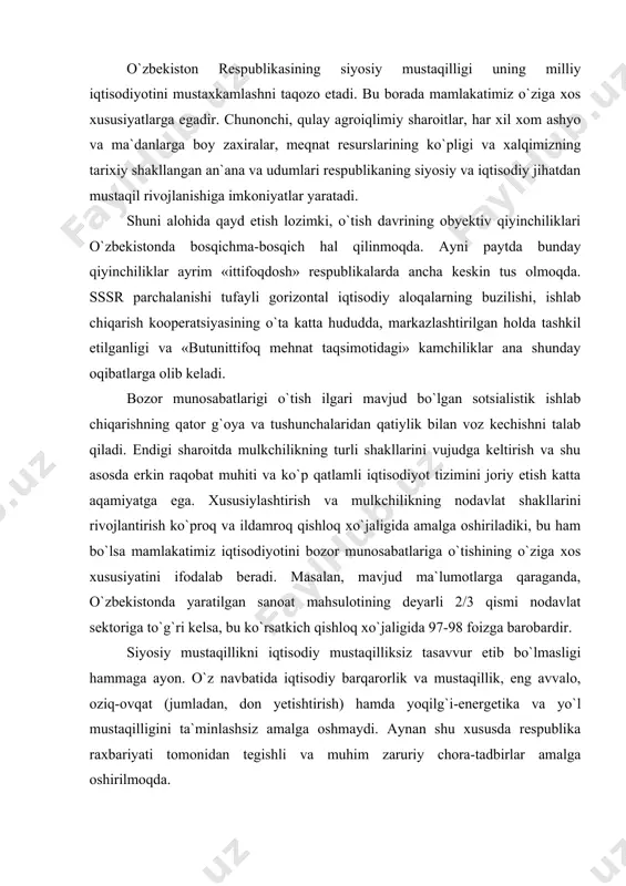 taqillikni iqtisodiy mustaqilliksiz tasavvur etib bo`lmasligi hammaga ayon. o`z navbatida iqtisodiy barqarorlik va mustaqillik, eng avvalo, oziq-ovqat (jumladan, don yetishtirish) hamda yoqilg`i-energetika va yo`l mustaqilligini ta`minlashsiz amalga oshmaydi. aynan shu xususda respublika raxbariyati tomonidan tegishli va muhim zaruriy chora-tadbirlar amalga oshirilmoqda. bozor munosabatlariga o`tish davrida sanoatning ijtimoiy tashkil etish shakllarida sezilarli o`zgarishlar bo`lishi aniq. jumladan, konsentratsiya (mujassamlashuv) hozirgi sharoitda keskin o`zgaradi. bunday o`zgarish bevosita yoki sof holdagi ishlab chiqarish mujassamlashuviga ham, shuningdek, uning hududiy shakliga ham taalluqlidir. ma`lumki, ilgari yirik sanoat korxonalarini qurish an`ana bo`lib qolgandi. xuddi shunday ulkan korxonalar bizning respublikamizda ham qurilgan edi. hozirgi kunda bunday ishlab chiqarish mujassamlashuvi bilan bog`liq bulgan muammolar jiddiy tus olmoqda. chunonchi, «ishlab chiqarishni hudud bo`ylab planli va proporsional rivojlantirish va joylashtirish» bo`yicha sotsialistik tuzumdagi tamoyil o`z kuchini yo`qotish bilan bir xil yo`nalishdagi sanoat korxonalari ko`pgina viloyatlarda qurila boshlandi (avvallari bunday korxonalar faqat ayrim joylarda bo`lardi, xolos). buning asosida o`ziga xos hududlararo erkin …