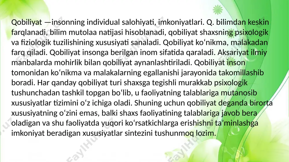 ash usuli sifatida aqliy istedod testlaridan foydalanildi. aqliy istedod testlarining yordami bilan bir qator mamlakatlarda (aqsh, buyuk britaniya va boshqalar) qobiliyatlarni aniqlash va maktablarda oquvchilarni saralash, armiyada ofitserlik xizmatini bajarish, ishlab chiqarishda rahbarlik lavozimini tanlash va shu kabilar amalga oshiriladi. qobiliyatlarning turlari qobiliyatlar umumiy va maxsus boladi. umumiy qobiliyatlar mavjud bolganda kishi faoliyatning turli xillari bilan muvaffaqiyatli shugullana oladi. maxsus qobiliyatlar kishiga qandaydir bir muayyan faoliyat bilan muvaffaqiyatli shugullanish imkoniyatini beradi. masalan, matematik, texnikaviy, adabiy, musiqiy, tasviriy va boshqa qobiliyatlar boladi. umumiy qobiliyatlarga kop hollarda intellekt, tafakkurning kreativligi va shaxsning psixomotor qobiliyatlari kiradi deb hisoblaydilar. intellekt. yuqorida korsatib otganimizdek odamning aqliy rivojlanish darajasini organishga intilish "intellekt" tushunchasini va nazariyasininng yaratilishiga olib keldi. korsatib otganimizdek intellektini olchash va baholash uchun turli testlar qollaniladi. ularning barchasi intellekt testlari degan umumiy nom bilan ataladilar. biz yuqorida intellektini baholashda kop qollaniladigan testning mohiyatiga qisqa toxtalib otgan edik. shuni takidlab otish lozimki, ulardagi formulalar bolalar …