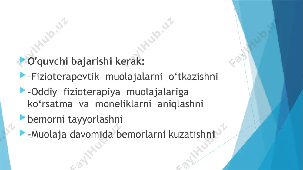 alar rezinadan yasalgan bo’lib, 1,5-2 l suyuqlik sig’adigan rezervuaridir. grelkaning og’irligi tushmaydigan bo’lishi uchun 3/4 qismigacha suv qo’yiladi. so’ngra siqib turib havosini chiqarib yuborish va tiqinini yaxshilab berkitish kerak. shundan keyin grelkani to’nkarib, tiqinini pastga qaratish ya’ni germetikligini tekshirish lozim. so’ngra quruq qilib artib olib, sochiqga o’rab bemorga qo’yish kerak. badab terisi qizarib qolmasligi uchun grelka qo’yiladigan joy terisiga vazelin yoki moy surtish mumkin. juda issiq grelkani avval adiyolga, keyin choyshab tagiga va nihoyat to’g’ridan-to’g’ri badanga qo’yiladi. grelka sovuguncha tutib turiladi. zaiflashib qolganva og’ir yotgan bemorlar issiqlik tasiriga hamisha ham darrov reaksiya ko’rsata olmaydi, grelka ularning badanini kuydirib qo’yishi mumkin. bunday bemorlarda tibbiy hamshirasi terining nechog’li isiganini tekshirib turadiva grelkaning to’g’ri turishini kuzatib turadi. mahalliy issiq vanna o’tkazish vanna xonani tozalab, ozoda qilib tayyorlanadi. (xona xarorati 25-28 c) vanna ichi mochalka va sovun bilan obdon tozalanib, so’ng 0,5%li xlorli eritmasi bilan artiladi, keyin toza suvda chayiladi. vanna teshigiga tiqin qo’yib …