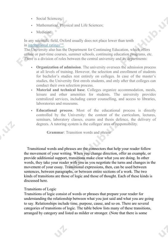 ansitions make clear what you are doing. in other words, they take your reader with you as you negotiate the turns and changes in the movement of your essay. transitional expressions, then, can be used between sentences, between paragraphs, or between entire sections of a work. the two kinds of transitions are those of logic and those of thought. each of these kinds is discussed here. transitions of logic transitions of logic consist of words or phrases that prepare your reader for understanding the relationship between what you just said and what you are going to say. relationships include time, purpose, cause, and so on. there are several categories of transitions of logic. the table below lists many of these transitions, arranged by category and listed as milder or stronger. (note that there is some double listing, because of the different ways words can be used.) some hints for use: …