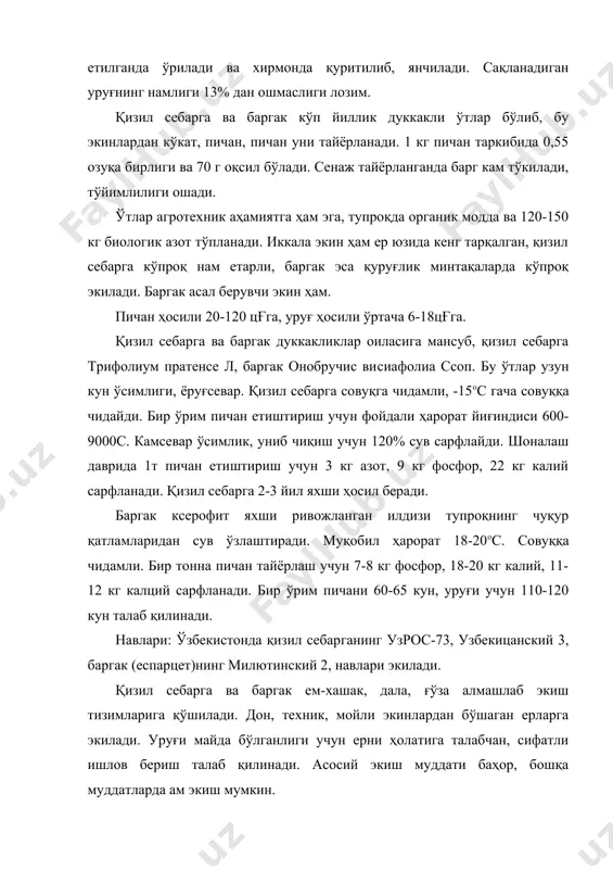 қори сифатли пичан тайёрлаш учун шоналаш-гуллаш даврини бошланишда ўрилади ва тезда қабул қилинган технология бўйича пичан ғарамланади ёки янги усулда зичлашган, майдаланган пичан тайёрланади. сақланадиган пичан намлиги 17-20% бўлиши лозим. қўнғирбошли ўтлар гуруҳига ажриқбош, ялтирбош, мастак, эркакўт, оқсўта, судан ўти, қўноқ каби экинлар киради. дуккакли экинларга нисбатан бу ўтларнинг тўйимлилиги пастроқ, аммо ҳосили яхши, ташқи муҳитга чидамли, яхши чим ҳосил қилади, бир майдонга 5-7 йил ҳосил беради. ажриқбошнинг кўкатида 14%, ялтирбошда 13%, судан ўтида 11% оқсил бўлади. қўнғирбошли ўтлардан пичан, силос, сенаж, пичан уни тайёрланади. тупроқда органик модда тўпланади, сув ва шамол эрозиясидан сақлайди. шаҳарларни кўкаламзорлаштиришда ҳам фойдаланилади. қўнғирбошли ўтлар ер юзида кенг тарқалган. яйловлар барпо этишда асосий ўринни эгаллайди. пичан ҳосили 20-100 цғга, уруғ ҳосили 2-8 цғга. кўп йиллик қўнғирбошли ўтлар кўп тупланади, шунинг эвазига вегетатив кўпайиш рўй беради. янги ривожланган поя сонлари тез кўпайиб боради. тупланиш вақтида ҳосил бўладиган поялар маҳсулдор, тўла ривожланмаган гултўпламлар билан вегетатив ва гултўплами …