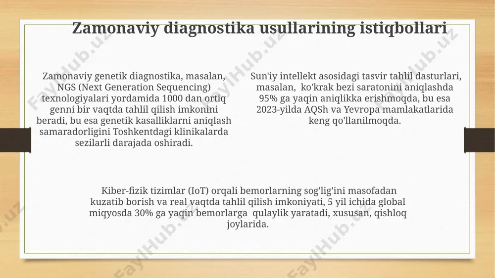 to'qimalarning yuqori aniqlikdagi tasvirlarini olish mumkin, bu esa 100 dan ortiq kasalliklarni aniqlashga yordam beradi. kompyuter tomografiya (kt) skanerlari, ayniqsa, qorin bo'shlig'i organlarining, masalan, jigar va buyrakning 0,5 mm gacha bo'lgan yupqa qatlamli tasvirlarini yaratadi, bu esa 50 dan ortiq patologik holatlarni aniqlash imkonini beradi va toshkentdagi ko'plab klinikalarda qo'llaniladi. test natijalarining talqini va klinik ahamiyati samarqand viloyatida o‘tkazilgan biopsiya natijalari to‘qimadagi 5% dan ortiq anormal hujayralarning mavjudligini aniqladi, bu esa saraton kasalligining erta bosqichini ko‘rsatishi mumkin va darhol davolanishni talab qiladi. frantsiyaning parij shahridagi laboratoriyada o‘tkazilgan genetik testlar natijalari bemorda 2-turdagi diabetga moyillikni ko‘rsatuvchi gen mutatsiyasini aniqladi, bu esa profilaktika choralari rejasini tuzishga yordam beradi. toshkentdagi klinikada o‘tkazilgan qon tahlilining natijalariga ko‘ra, bemorda leykotsitlar soni 12,000/mkl dan oshganligi yallig‘lanish jarayonining mavjudligini ko‘rsatadi va qo‘shimcha tekshiruvlarni talab qiladi. diagnostika testlarining aniqligi va sezgirligi fransiyada o'tkazilgan tadqiqotlar shuni ko'rsatdiki, bir xil kasallik uchun turli diagnostika testlarining aniqligi va sezgirligi orasida 10-15% …
