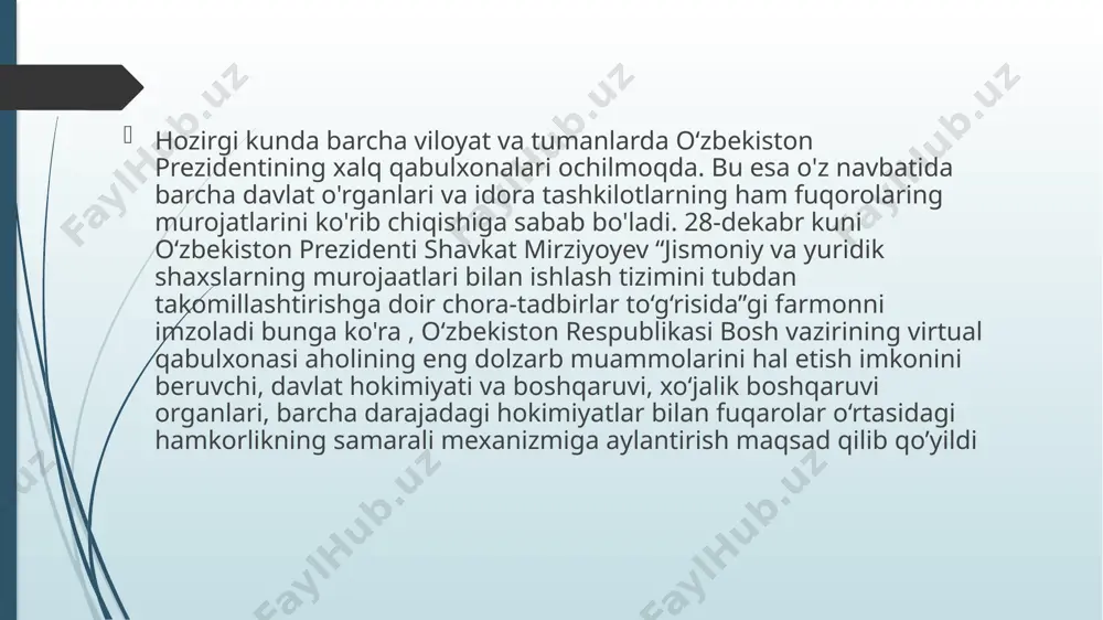 abulxona tizimida fuqarolar kiritgan ma’lumotlarda (ism-familiya, tug‘ilgan yili, yashash manzili va hokazo) turli xatoliklar uchrab turardi. natijada, deylik, ayni bir shaxs yuborgan bir nechta murojaatlar tarixini o‘zaro bog‘liqlikda o‘rganishda qiyinchiliklarga duch kelinardi. murojaatchi bilib-bilmay o‘zi haqidagi ma’lumotlarni kiritishda xatoga yo‘l qo‘ysa, tizimda buni aniqlash mexanizmi mavjud emas edi. shu paytgacha har bir murojaatni topish uchun uning raqami, murojaatchining to‘liq ism-sharifi, manzili, mobil telefon raqamini bazaga kiritib, izlash kerak edi. shaxsning barcha yozishmasini bir joyda ko‘rishning iloji yo‘q edi. ko‘p beriladigan savollarga batafsil javoblar virtual qabulxonada «ko‘p beriladigan savollar» bo‘limi tashkil etildi. bundan ko‘zlangan asosiy maqsad murojaatchiga o‘zini qiziqtirgan savolga rasmiy murojaat qilmasdan ham javob olish imkoniyatini yaratishdan iborat. tahlillar fuqarolarimiz tomonidan muayyan soha yoki mavzu yuzasidan umumiy xarakterdagi huquqiy axborot va maslahat olish uchun ham murojaat yuborish holatlari ko‘p ekanini ko‘rsatmoqda. ular kerakli ma’lumotni olish uchun ma’lum muddat kutishiga to‘g‘ri kelgan, davlat organlari esa ayni bir mazmundagi javob talab qiluvchi …