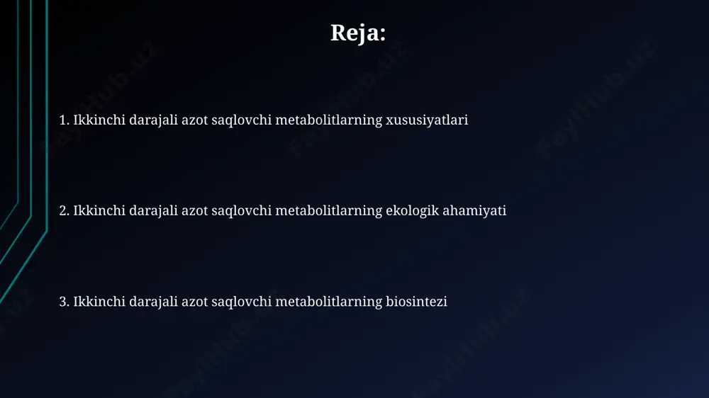 turi mavjud bo'lib, ularning kimyoviy tuzilmalari va biologik faolliklari juda xilma-xildir. azotning o'simliklardagi ahamiyati o'simliklarda azotning 5-10% qismi ikkinchi darajali metabolitlar – antosianinlar, flavonoidlar kabi moddalar shaklida to'planib, o'simlikning rangini, ta'mini va immunitetini belgilaydi. o'simliklarning 15-20% quruq massasini tashkil etadigan azotli metabolitlar, o'sish va rivojlanish jarayonlarini, shu jumladan, oqsil sintezini ta'minlaydi. azotli birikmalar, o'simlikning himoya mexanizmlarida, masalan, 30 dan ortiq turdagi alkaloidlarni hosil qilishda ishtirok etadi va hasharotlarga qarshi himoya vazifasini bajaradi. ikkinchi darajali metabolitlarning biosintezi ikkinchi darajali metabolitlarning biosintezi ko'pincha 10 dan ortiq fermentlar ishtirokida murakkab, ko'p bosqichli jarayon bo'lib, ularning har biri o'ziga xos substrat spetsifikasiga ega. ba'zi ikkinchi darajali metabolitlar, masalan, alkaloidlar, biosintezida shikimat yo'li va mevalonat yo'li kabi muhim metabolik yo'llar ishtirok etadi. ikkinchi darajali metabolitlarning biosintetik yo'llari gen ekspressiyasi va epigenetik mexanizmlar orqali qat'iy tartibga solinadi, bu esa atrof-muhit omillariga javob sifatida 2-3 baravar o'zgarishi mumkin. o'simliklardagi azotning saqlanishi mexanizmlari o'simliklarda azot saqlashning muhim mexanizmlaridan …