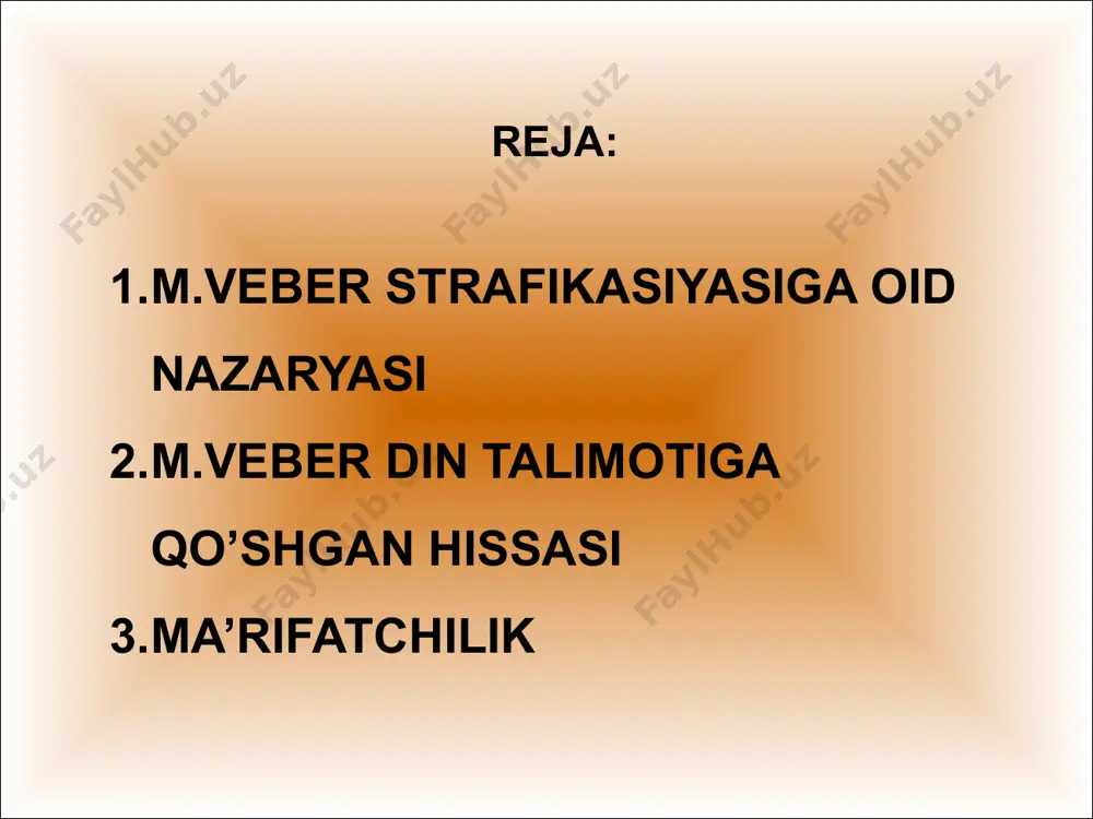 deb e’lon qilgan marks ta’limotidan farqli o‘laroq, maks veber din va jamiyat munosabatini tahlil qilar ekan umuman din to‘g‘risida emas, muayyan davrdagi muayyan din yoki diniy oqim to‘g‘risida fikr yuritadi. dinlarni tahlili islom dini veber izdoshilari uning fandagi xizmatlari boshqa dinlar veber izdoshilari uning fandagi xizmatlarini ko‘klarga ko‘tarib maqtashdi. uning xizmatlarini e’tirof etish bilan birga, shuni ham ta’kidlash lozimki, u iqtisodiy taraqqiyotga faqat bir diniy mazhab – protestantlikning o‘tkazgan ta’sirini keng tadqiq qildi. dinlarni tahlil qilar ekan, m. veber ular sanoat kapitalizmi rivojlanishiga g‘ov bo‘lmoqda, degan xulosaga keldi. moliyaviy munosabatlarga cheklovlar qo‘yish, ijtimoiy hayotga passiv munosabatini targ‘ib qilish orqali bu dinlar, veber fikricha, ijtimoiy taraqqiyotga to‘sqinlik qiladi. uning talqinida xristian dini, ayniqsa protestantlik mazhabi hayotdagi adolatsizlikni passiv kuzatib o‘tirmay, uni bartaraf qilish uchun faol kurashga chaqirish orqali ijtimoiy taraqqiyotga katta turtki beradi. islom dinidagi oqimlar, mazhblar, yo‘nalishlar turlicha bo‘lib, ularning barchasi faqatgina o‘zlari mansub bo‘lgan mazhab yoki yo‘nalish haqiqiy islom …