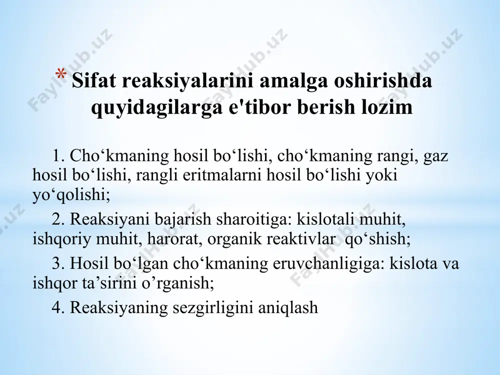 haroitda bu kationlarni sulfidlar holida cho‘ktiradi: o‘yuvchi ishqorlar al3+ ionini cho‘kma holda cho‘ktiradi: alcl3 + 3naoh = al (oh)3 ↓ + 3nacl ammoniy gidroksidi ham al3+ ionini al (oh)3 ko‘rinishida cho‘ktiradi: alcl3 + nh4 oh = al (oh)3 ↓ + nh4cl temir kationlarini aniqlash sifat reaksiyalari temir (ii) kationi kaliy geksasianoferrat bilan kislotali sharoitda to‘q ko‘k rang cho‘kma (trumbul ko‘ki)ni hosil qiladi: 3fecl2 + 2k3[fe(cn)6]= ↓fe3 [fe(cn)6]2 + 6kcl temir (iii) kationi kaliy geksasianoferrit bilan kislotali muhitda o‘ziga xos to‘q ko‘k rangli cho‘kma (berlin lazuri)ni hosil qildi: 4fecl3 +3k4[fe(cn)6] = ↓fe4[fe(cn)6]3 +12kcl marganes kationini aniqlash sifat reaksiyalari marganes (ii) kationi ishqoriy sharoitda vodorod peroksid bilan ta’sirlashib, qora qo‘ng‘ir rangli cho‘kmani hosil qiladi: mn2+ +2oh- + h2o2 = mno(oh)2 ↓ + h2o marganes(ii) kationi sulfid anioni ta’sirida malla rang cho‘kma: mn2+ + s2- = mns↓ reagent kationlar mn2+ fe2+ fe3+ ishqor, ammiak mn(oh)2 oq fe(oh)2 oq fe(oh)3 qizil-qo‘ng‘ir naoh+ ortiqcha h2o2 …