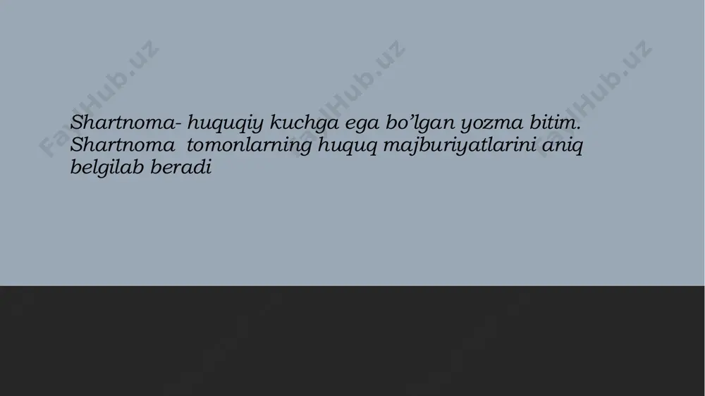 bitim tuzilgan hisoblanadi. jeton, patta yoki odatda qabul qilingan boshqa belgi berish yo‘li bilan tasdiqlangan bitim, agar qonunchilikda boshqacha tartib belgilangan bo‘lmasa, og‘zaki shaklda tuzilgan bitim hisoblanadi. yozma shaklda tuzilgan shartnomani bajarishga qaratilgan bitimlar, agar qonunchilik va shartnomaga zid bo‘lmasa, taraflarning kelishuviga muvofiq og‘zaki tuzilishi mumkin. 107-modda. bitimning yozma shakli yozma shaklda tuzilgan bitimni, agar ish muomalasi odatlaridan boshqacha tartib kelib chiqmasa, taraflar yoki ularning vakillari imzolashi kerak. agar qonunchilikka yoki ishtirokchilardan birining talablariga zid bo‘lmasa, bitim tuzish chog‘ida imzodan faksimile usulida nusxa ko‘chirish vositalaridan foydalanilishiga yo‘l qo‘yiladi. ikki taraflama bitimlar har birini berayotgan taraf imzolaydigan hujjatlarni o‘zaro ayirboshlash yo‘li bilan tuzilishi mumkin. xatlar, telegrammalar, telefonogrammalar, teletaypogrammalar, fakslar yoki subyektlarni va ular xohish-irodasining mazmunini ifodalaydigan boshqa hujjatlarni o‘zaro ayirboshlash, agar qonunchilikda yoki taraflarning kelishuvida boshqacha tartib nazarda tutilgan bo‘lmasa, yozma shaklda tuzilgan bitimga tenglashtiriladi. slide 1: bitimlar va shartnomalar slide 2: bitim- ikki va undan ortiq tomonning o’zaro kelishuvi. bitimda …
