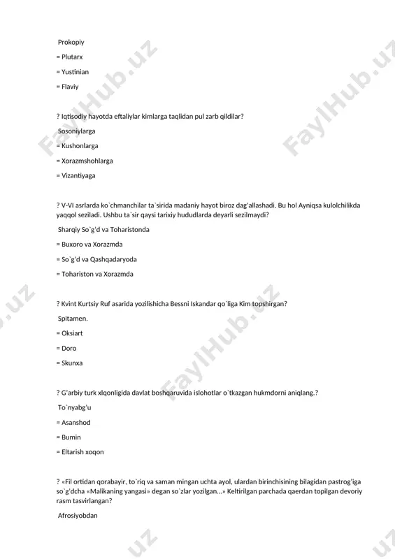 n yozma manba bu...? “avesto” =“behistun” yozuvlari = xitoy manbalari = yunon manbalari ? odamzod yer yuzida qachondan beri yashab kelmoqda? 3,5 mln yildan beri =4 mln yildan beri =5 mln yildan beri =2 mln yildan beri ? qadimgi odamning suyak qoldiqlari topilgan neandertal’ vohasi qaysi davlat hududida joylashgan? germaniya = ispaniya = frantsiya = bel’giya ? qadimgi odamlar tirikchiligining asosini nima tashkil etadi? termachilik = dehqonchilik = chorvachilik =xunarmandchilik ? ibtidoiy odamlar yasagan dastlabki mehnat qurolini kirsating? tosh chiqmor = tosh pichoq = nayza = qirg`ich ? moddiy madaniyat namunalari qaysi javobda tig`ri kirsatilgan? mehnat qurollari = til = axloq = tafakkur ? ibtidoiy e`tiqod shakllari qaysi javobda tig`ri kirsatilgan? animizm, fetishizm, totemizm, sexrgarlik = islom, xristianlik, iudaizm = totemizm, fetishizm, zardishtiylik = xristianlik, sehrgarlik, fetishizm ? totemizm dinida______ lar muqaddaslashtirilgan? xayvon va o’simliklar = jonsiz predmetlar = ruh va jonlar = hamma javoblar to’g`ri ? neolit davriga kelib …