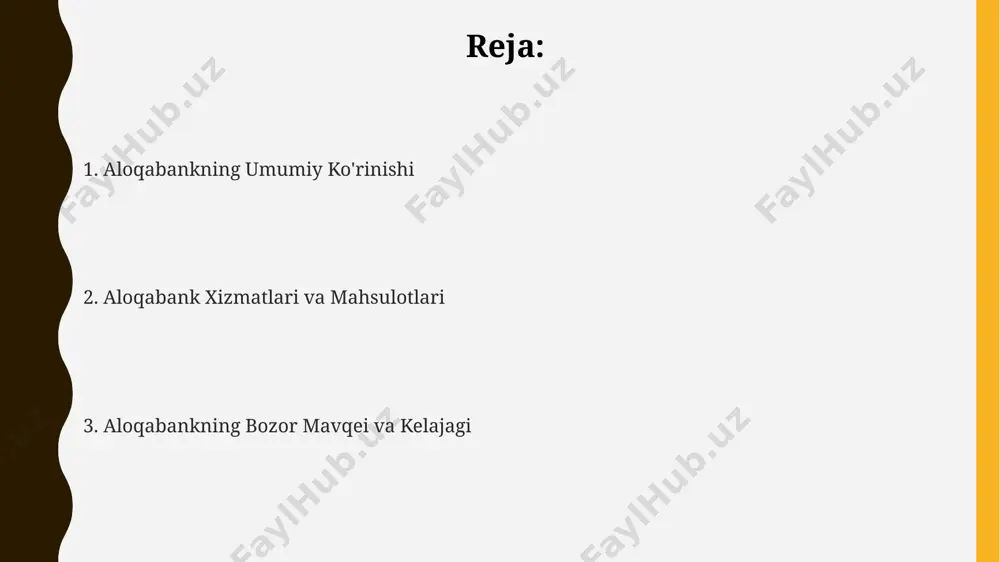 mog'i va zamonaviy texnologiyalarni qo'llash orqali mijozlarga 24/7 xizmat ko'rsatish imkoniyati aloqabankning raqobatdoshligini oshiradi. aloqabankning yuqori darajadagi kapitalizatsiyasi (masalan, 1000 milliard so'm) va xalqaro reyting agentliklari tomonidan berilgan ijobiy baholar uning moliyaviy barqarorligini va raqobatbardoshligini ta'minlaydi. aloqabankning 2023-yil yakunlari bo'yicha aktivlari hajmi 15 trillion so'mdan oshdi, bu esa uning mamlakatdagi yirik banklar qatorida raqobatbardoshligini namoyon etadi. aloqabankning ijtimoiy mas'uliyati bankning "yoshlar uchun imkoniyatlar" dasturi doirasida 500 dan ortiq yosh tadbirkorga biznesni boshlashda yordam beruvchi treninglar va moliyaviy maslahatlar taqdim etildi, kreditlarning foiz stavkalari esa ancha past bo'ldi. aloqabank tomonidan ekologik dasturlarni qo'llab-quvvatlashga 100 million so'm miqdorida mablag' ajratildi, bu esa o'rmonlarni tiklash va atrof-muhitni muhofaza qilish loyihalarini amalga oshirishga yordam berdi. aloqabank, 2022-yilda ijtimoiy dasturlarni amalga oshirishga 1 milliard soʻmdan ortiq mablagʻ ajratdi, bu ta'lim, sogʻliqni saqlash va boshqa muhim sohalarni qoʻllab-quvvatlashga qaratilgan edi. bankning kelajak rejalari va strategiyasi aloqabank esg (ekologik, ijtimoiy va boshqaruv) printsiplariga asoslanib, yashil texnologiyalarni rivojlantirishga …