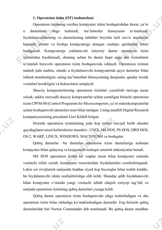 boshqaruvida ishga tushiriladigan va shu operatsion tizim bilan ishlashga koʻmaklashadigan dasturdir. eng birinchi qobiq dasturlaridan biri norton commander deb nomlanadi. bu qobiq dastur mashhur amerikalik dasturchi piter norton tomonidan yaratildi va kompyuterdan foydalanuvchilar uchun katta qulayliklar yaratdi. hozirgi kunda keng tarqalgan windows commander, total commander, far manager qobiq dasturlari norton commander dasturining asosiy ishlash tamoyillarini saqlab qolgan. unix ot oilasi. unix, eng yaxshi amalga oshirilgan, multidasturli va koʻp foydalanuvchili oddiy opеratsion tizimdir. oz vaqtida, u dasturiy taʻminotni ishlab chiquvchii instrumental tizim sifatida loyihalashtirilgan edi. unixning har xil xususiyatlarga ega boʻlgan versiyalari, uning qiymatini oshiradi. birinchi versiyasi juda kichik operativ xotiraga ega boʻlgan kompyuterlarda foydalanish mumkin boʻlgan boʻlsa, uning ikkinchi versiyasini ishlab chiqishda, mutaxassislar assembler tizimidan voz kechib, nafaqat tizimli, balki amaliy dasturlarni ham ishlab chiqish mumkin boʻlgan, yuqori darajali tilni ishlab chiqdilar. shuning uchun ham nafaqat unix tizimli, balki unda bajariluvchi ilovalar ham yengil koʻchirib oʻtkaziluvchi (mobil) xususiyatiga ega boʻldi. …
