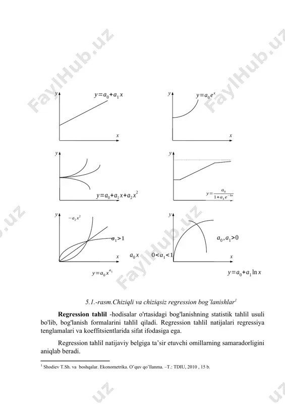 ishda eng keng qo’llaniladigan metodlardan biri korrelyatsion-regression tahlildir. ko’pchilikning ta’kidlashicha, korrelyatsionregresion tahlilni qo’llash uchun quyidagi talablarni bajargan ma’qul: · o’rganilayotgan to’plam iloji boricha katta bo’lishi; · o’rtalashtirilayotgan belgi miqdori ob’ektiv bo’lishi; · taqsimot qatorlari normal taqsimot qonuniga bo’ysunishi va iloji boricha unga yaqin bo’lishi kerak va h.k. yana shu ham ma’lumki, korrelyatsion-regression tahlil asosida quyidagi vazifalar hal qilinadi: · omil belgi bilan natijaviy belgi o'rtasidagi bog'liqlik aniqlash va bog'liqlik turini belgilash; · belgilar o'rtasidagi bog'lanishni ifodalovchi regressiya tenglamasini aniqlash va uning parametrlarini hisoblash; · bog'lanish zichligi va kuchini o'lchash modelni tuzish bosqichlari: • masalaning qo'yilishi va statistik ko'rsatkichlarini isbotlash. • statistik ma'lumotlarni to'plash va ularni birlamchi qayta ishlash. • juft bog'lanishlarni o'rganish. • bog'lanish shakllarini tanlash va regressiya tenglamalari parametrlarini aniqlash. • masalaning echish natijalarini statistik baholash va modelning iqtisodiy ma'nosi. tenglama tipini aniqlash tartibi. ikki hodisa yoki omil va natijaviy belgilar orasidagi bog'lanish juft korrelyatsiya deb ataladi. tahliliy jihatdan …