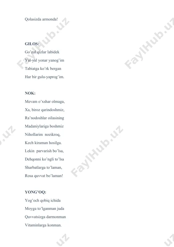 oshirishda ayniqsa dukkakli o’simliklar, xususan burchoiqdoshlar oilasining vakillarining ahamiyati katta. chunki ularning ildizida tugunak bakteriyalar yashaydi. bu bakteriyalar esa havodagi erkin azotni o’zlashtirib, tuproqni azot birikmalariga boyitadi. burchoqdoshlar oilasiga mansub beda, loviya, mosh kabi o’simliklar ekilgandan so’ng tuproq unumdorligi ortib hosil mo’l bo’ladi. shuning uchun yerga ishlov berishda, ayniqsa almashlab ekishni joriy qilish zarur, chunki har yili tuproqqa bir xil ekin ekish hosildorlikni va tuproq unumdorligini pasaytiradi. - o’simliklar gullab changlangandan so’ng ulardan meva hosil bo’ladi. hamma o’simliklar ham meva tugavermaydi. faqatgina changlangan gullargina hosil beradi. gullarning changlanishida hashorotlarning ayniqsa, asalarilarning ahamiyati katta. bir gramm asal yig’ish uchun asalari yuzlab gulga qo’nadi. bir guldan ikkinchi gulga qo’nganda gul changini ham olib o’tib gullarni yaxshi changlantiradi. shuning uchun bog’bonlarimiz o’simliklar gullagan paytda asalari qutilarini bog’larga olib chiqadilar. bu esa ham mo’l hosil ham sifatli asal olish imkonini beradi. 1-boshlovchi: (davrada musiqa maktabi o’quvchilarining ____________guruhi) 2-boshlovchi: marxamat kutib oliiiing dehqonbobo: barakalla, bolalarim, …