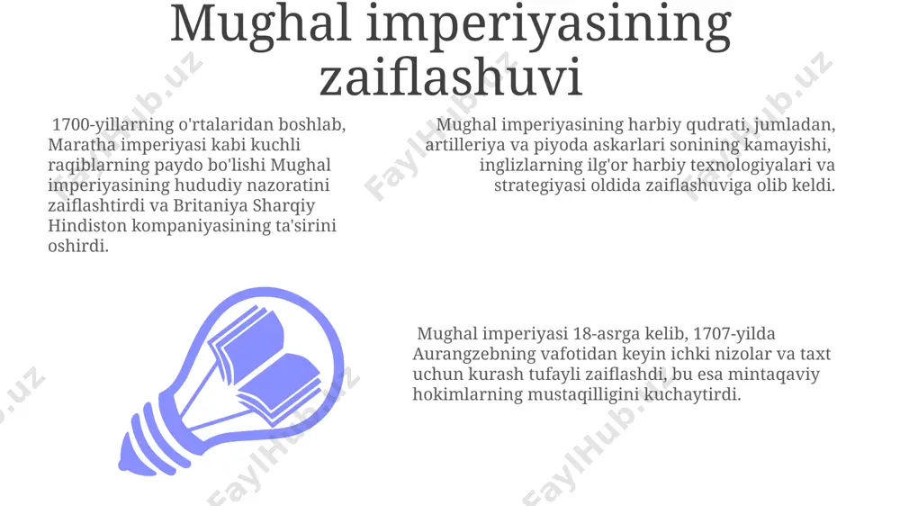jihatdan qarshilik koʻrsatishga olib keldi, bu esa yangi milliy ongning shakllanishiga turtki boʻldi. savdo raqobatlari va siyosiy manevrlar britaniya, maratha imperiyasi kabi kuchli raqiblar bilan bo'lgan harbiy to'qnashuvlardan so'ng, 1764 yildagi buxor viloyatining jangida qozongan g'alabasi orqali strategik afzallikka erishdi va siyosiy manevrlarni kuchaytirdi. 1757 yildagi plassey jangidagi g'alaba britaniya uchun hindistonda 10 million funt sterlingdan ortiq boylikni nazorat qilish imkoniyatini ochib berdi, bu esa keyingi siyosiy manevrlar va hududlarni bo'ysundirish uchun zarur bo'lgan resurslarni ta'minladi. 18-asr oxirida britaniya sharqiy hindiston kompaniyasi, raqobatchilari — fransiya va gollandiya savdo kompaniyalariga qarshi kurashda, bengal, madras va bombay prezidentliklarini nazorat qilish orqali o'zining siyosiy ta'sirini kengaytirdi. mustaqillik harakatining boshlanishi hindiston milliy kongressi (1885) kabi tashkilotlarning paydo boʻlishi, tinch yoʻl bilan mustaqillikka erishishga qaratilgan siyosiy harakatlarning boshlanishini belgilab berdi va bu jarayonda 100 dan ortiq siyosiy partiyalar faoliyat yuritdi. 1857-yilgi sipoy qoʻzgʻoloni, britaniya hukumati siyosatining notoʻgʻri tomonlarini ochib berib, mustaqillik harakatining boshlanishiga turtki boʻlgan …