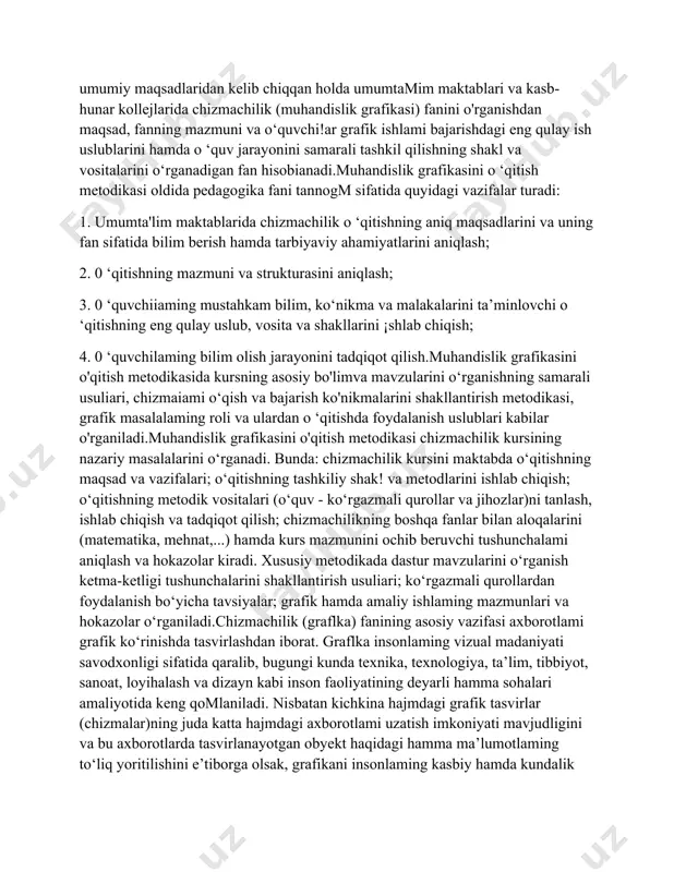 ng qulay uslub, vosita va shakllarini ¡shlab chiqish; 4. 0 ‘quvchilaming bilim olish jarayonini tadqiqot qilish.muhandislik grafikasini o'qitish metodikasida kursning asosiy bo'limva mavzularini o‘rganishning samarali usuliari, chizmaiami o‘qish va bajarish ko'nikmalarini shakllantirish metodikasi, grafik masalalaming roli va ulardan o ‘qitishda foydalanish uslublari kabilar o'rganiladi.muhandislik grafikasini o'qitish metodikasi chizmachilik kursining nazariy masalalarini o‘rganadi. bunda: chizmachilik kursini maktabda o‘qitishning maqsad va vazifalari; o‘qitishning tashkiliy shak! va metodlarini ishlab chiqish; o‘qitishning metodik vositalari (o‘quv - ko‘rgazmali qurollar va jihozlar)ni tanlash, ishlab chiqish va tadqiqot qilish; chizmachilikning boshqa fanlar bilan aloqalarini (matematika, mehnat,...) hamda kurs mazmunini ochib beruvchi tushunchalami aniqlash va hokazolar kiradi. xususiy metodikada dastur mavzularini o‘rganish ketma-ketligi tushunchalarini shakllantirish usuliari; ko‘rgazmali qurollardan foydalanish bo‘yicha tavsiyalar; grafik hamda amaliy ishlaming mazmunlari va hokazolar o‘rganiladi.chizmachilik (graflka) fanining asosiy vazifasi axborotlami grafik ko‘rinishda tasvirlashdan iborat. graflka insonlaming vizual madaniyati savodxonligi sifatida qaralib, bugungi kunda texnika, texnologiya, ta’lim, tibbiyot, sanoat, loyihalash va dizayn kabi inson faoliyatining …