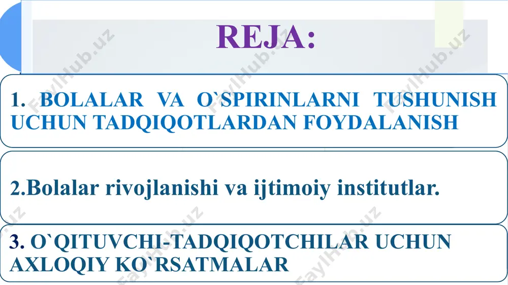 oiy tajribasini egallab, “shaxs”bo`lub yetishini o`rganishda to`gri yo`l topishga yordam beradi. rivojlanish psixologiyasining tadqiqot metodlari eksperiment metodi kuzatish metodi test metodi suhbat metodi sotsiometrik metodi eksperiment metodi eksperiment metodi – o'z navbatida tabiiy va laboratoriya metodlariga ajratiladi. tabiiy tajriba metodlarining ilmiy asoslarini 1910 yilda rus psixologi a.f.lazurskiy kichik maktab yoshidagi bola shaxsini shakllantirishni o'rganish maqsadida qo'llagan. tabiiy metoddan foydalanishda, ishlab chiqarish jamoalari a'zolarining, ilmiy muassasalar xodimlarining, o'qituvchilar, keksaygan kishilarning psixologik o'zgarishlari, o'zaro munosabatlari, ish qobiliyatlari, mutaxassislikka yaroqliligi muammolarini hal qilish nazarda tutiladi. tabiiy sharoitda inson psixikasini o'rganishda sinaluvchilarning o'zlari bexabar bo'lishi ta'lim jarayonida berilayotgan bilimlar tadqiqot maqsadiga muvofiqlashtirilishi, katta yoshdagi odamlarga tarbiyaviy ta'sir o'tkazish, kundalik mehnat doirasida amalga oshirilishi lozim. kuzatish metodi kuzatish metodi – ikki xil bulib, ob'ektiv (tashqi) va sub'ektiv (ichki) kuzatish turlari mavjud. inson psixikasidagi o`zgarishlarni kuzatish uchun quyidagilar amalga oshiriladi: a) kuzatishning maqsad vazifasi belgilanadi; b) kuzatilayotgan ob'ekt tanlanadi; v) tadqiqot o'tkazish vaqti rivojlantiriladi; g) kuzatish …
