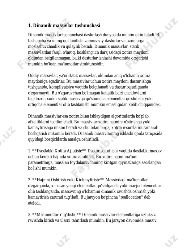 sh va ularga ishlov berish usullaridan biri bo'lib, ular dastur ishlash jarayonida hajmini o‘zgartirishi mumkin bo‘lgan tuzilmalardir. statik massivlardan farqli o‘laroq, dinamik massivlar dastur ishlash vaqtida kerakli hajmga o‘sishi yoki kamayishi mumkin. bu ularga ma'lumotlar jadvallari yoki kolleksiyalari bilan ishlashda katta qulaylik tug‘diradi. dinamik massivlarning asosiy afzalliklaridan biri – ular hajmini dastur ish vaqtida o‘zgartira olish qobiliyatidir. bu dinamik massivlar, asosan, umumiy xotira maydoni (heap) orqali boshqarilishi natijasida bo‘ladi. c++, java, python kabi ko'plab zamonaviy dasturlash tillari dinamik massivlar bilan ishlash imkoniyatlarini taqdim etadi. c++ tilida standart kutubxonada taqdim etilgan `std::vector` sinfi dinamik massivlar bilan ishlash uchun keng qo‘llaniladi. `std::vector` yordamida c++ dasturchilari kerakli hajmda dinamik massiv yaratishi va uni kengaytirishi mumkin. `std::vector` ning o‘ziga xos hususiyati shundaki, u ega bolgan resurslarni avtomatik ravishda boshqarishi, massivga qo'shimcha element kiritilganda avtomatik ravishda hajmini oshirishi mumkin. dinamik massivlar bilan bog‘liq raqamlardan biri ularning boshlang‘ich hajmi yoki sig‘imidir. masalan, boshlang‘ich hajm 10 elementdan …